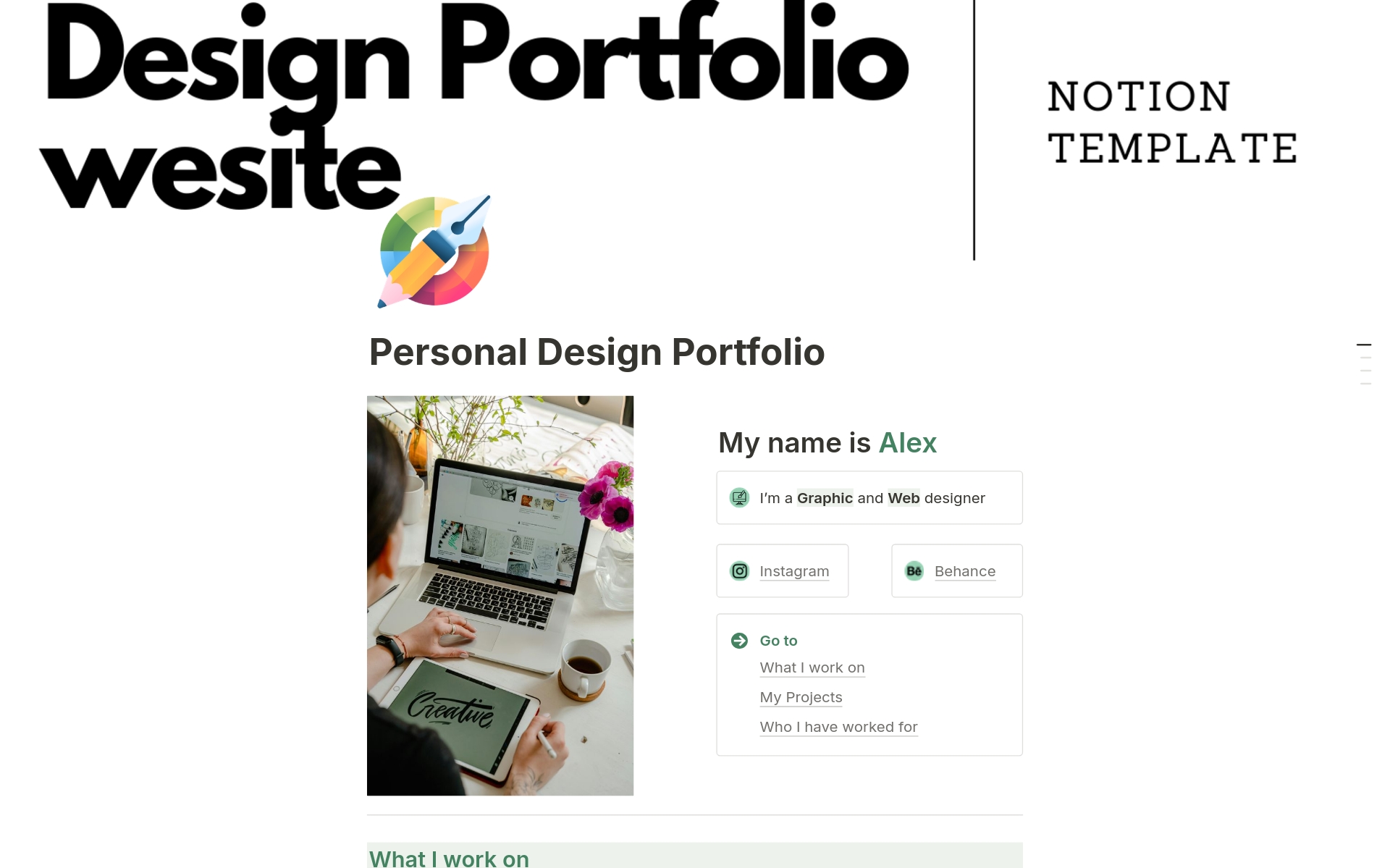 Create a stunning personal design portfolio with this Notion template. Highlight your expertise, showcase projects with images and descriptions, and list notable clients. Include links to your social media, contact information, and a brief bio to give a comprehensive view of your