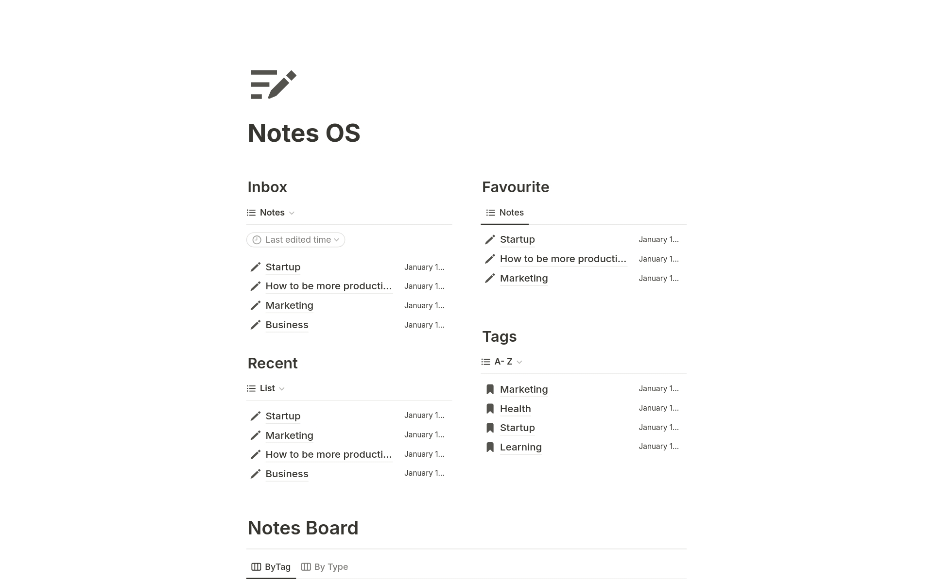 En forhåndsvisning av mal for Ultimate Notes OS 