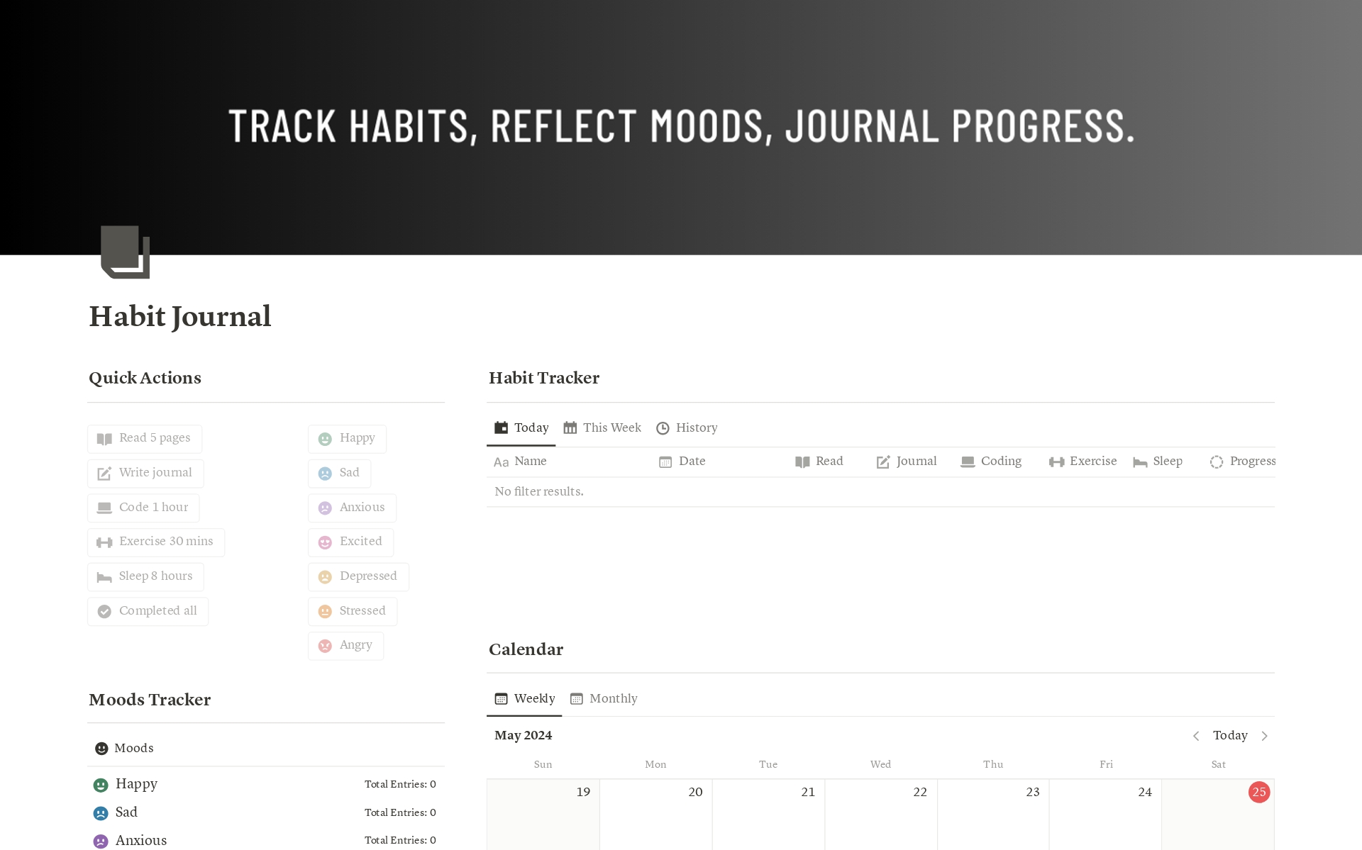 Uma prévia do modelo para Habit Journal (Integrated with iOS Shortcut)