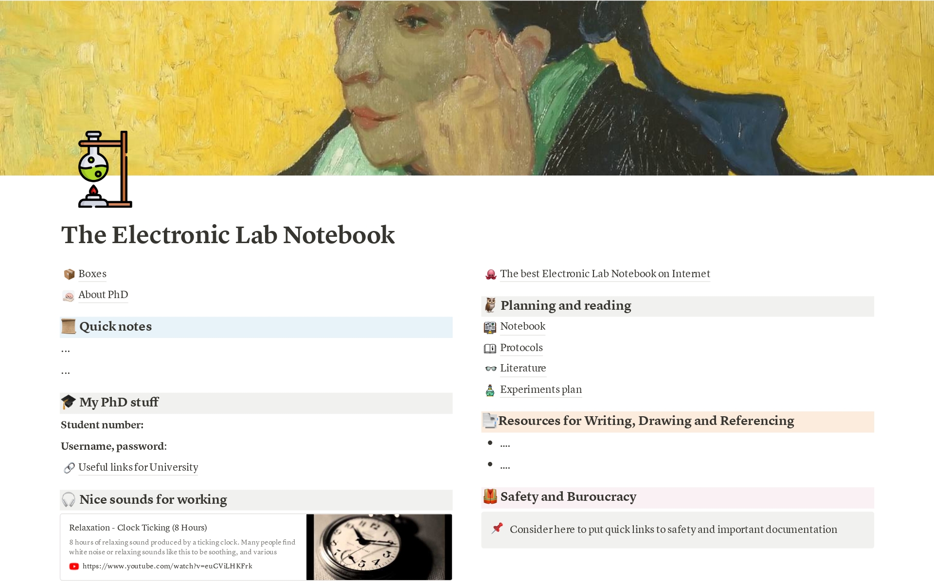 En forhåndsvisning av mal for The Electronic Lab Notebook