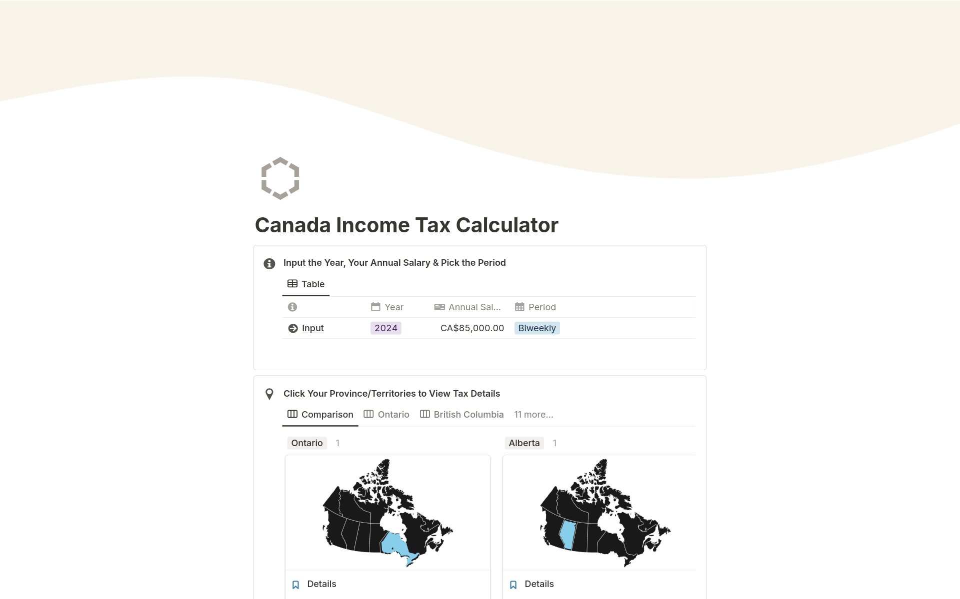 En förhandsgranskning av mallen för Canada Income Tax Calculator (Multi-Year Rate) 