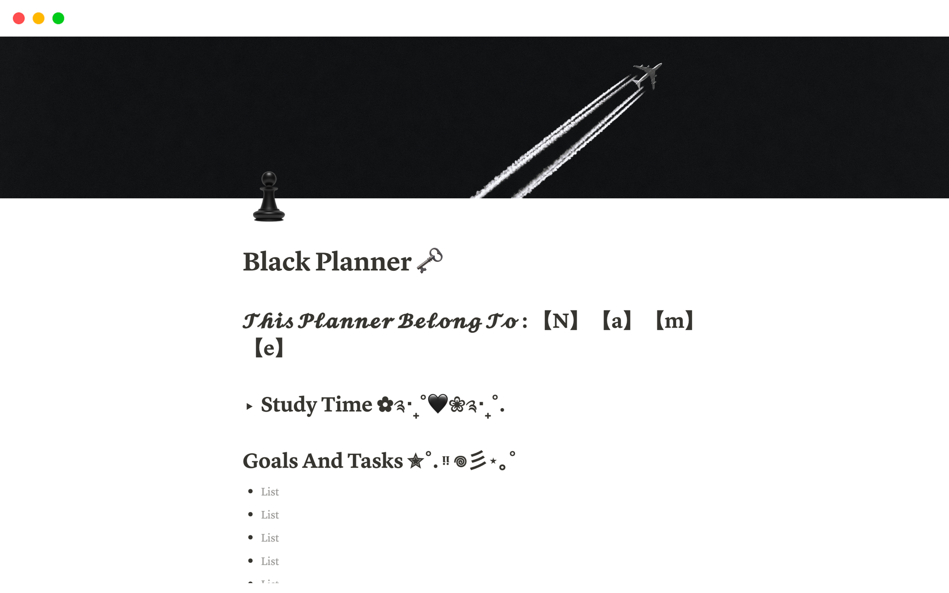 A template preview for Black Planner