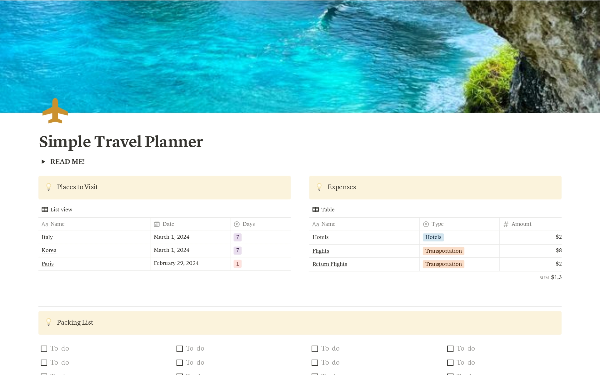 En förhandsgranskning av mallen för Travel Planner