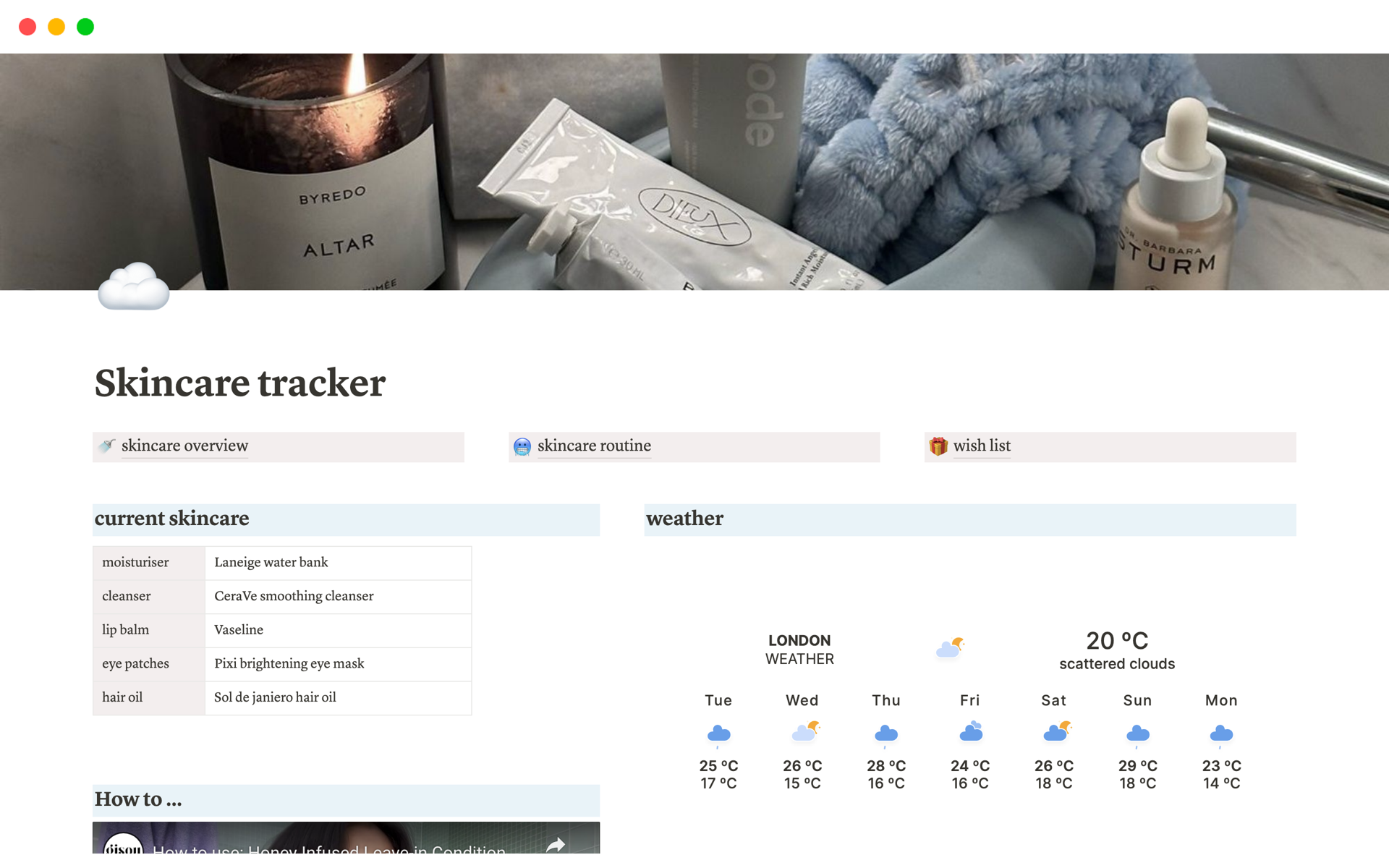A template preview for Aesthetic Skincare Tracker