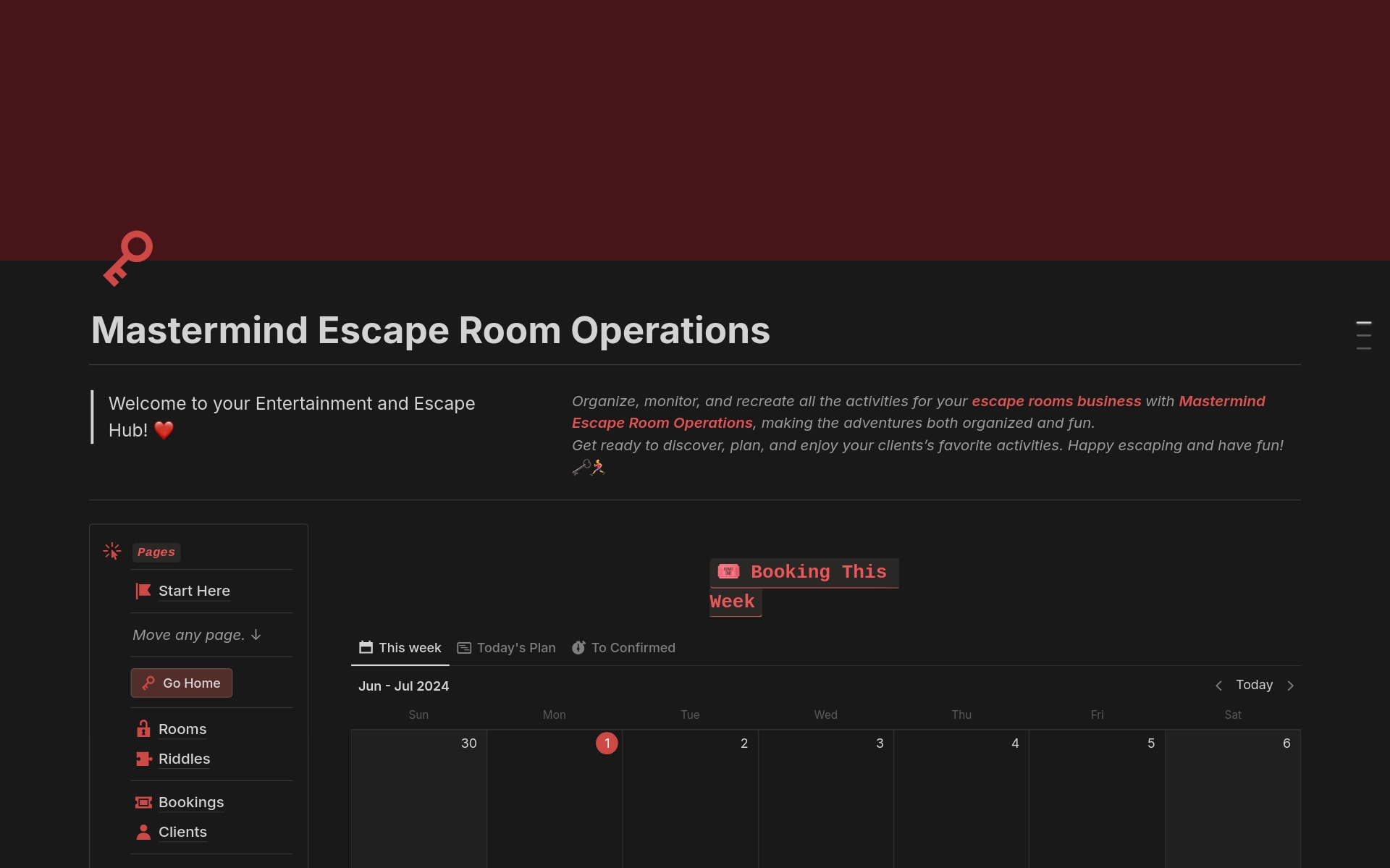 Manage your escape room business with ease using Mastermind Escape Room Operations! This Notion template covers all aspects, from room details, riddles, reservations and financials. Streamline your operations and enhance your customer experience today! 🧩📅📊