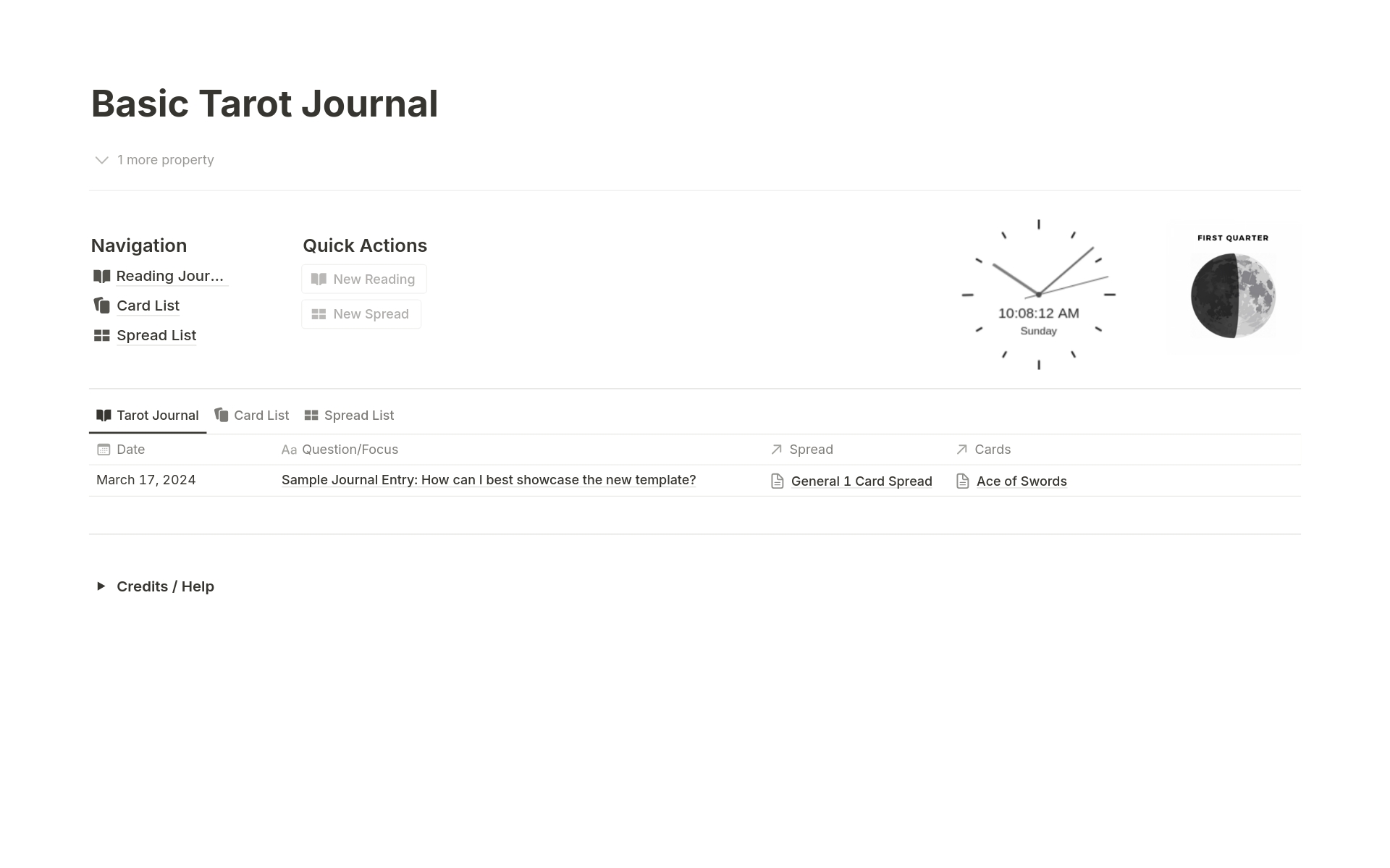 En förhandsgranskning av mallen för Basic Tarot Journal