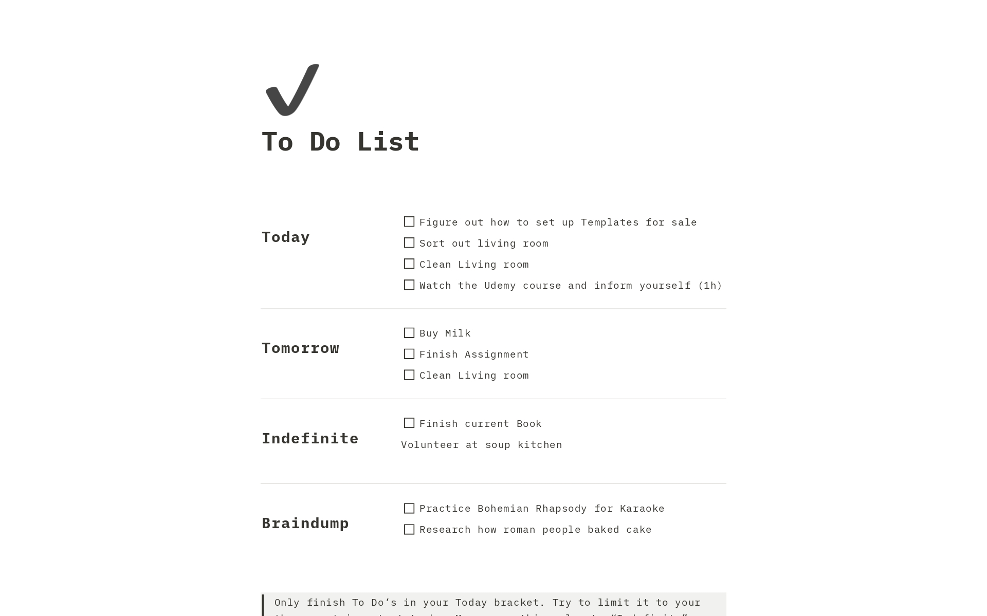 Extrenely reduced To-Do list template for efficient & effective productivity. (ADHD friendly version)