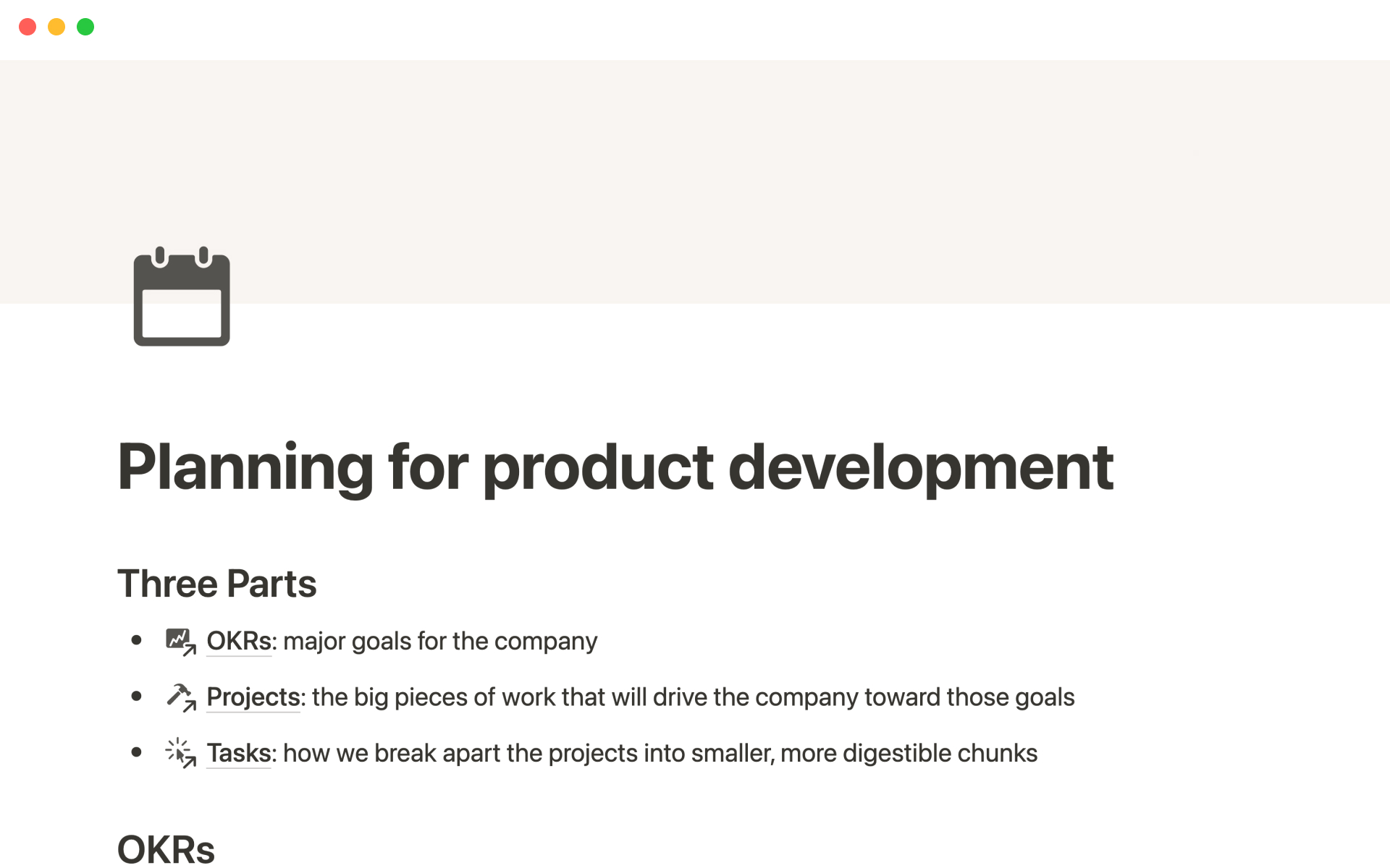 Mallin esikatselu nimelle Planning for product development in Notion