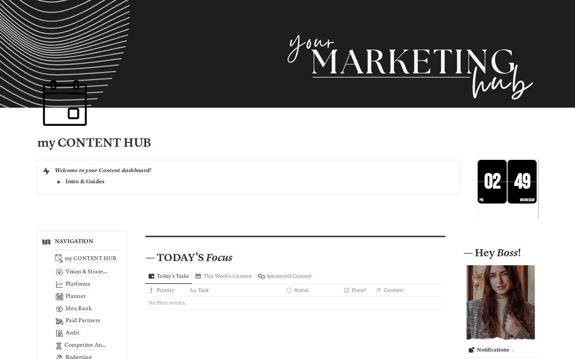 En forhåndsvisning av mal for Content Planner & Marketing Hub for Creators & Small Businesses