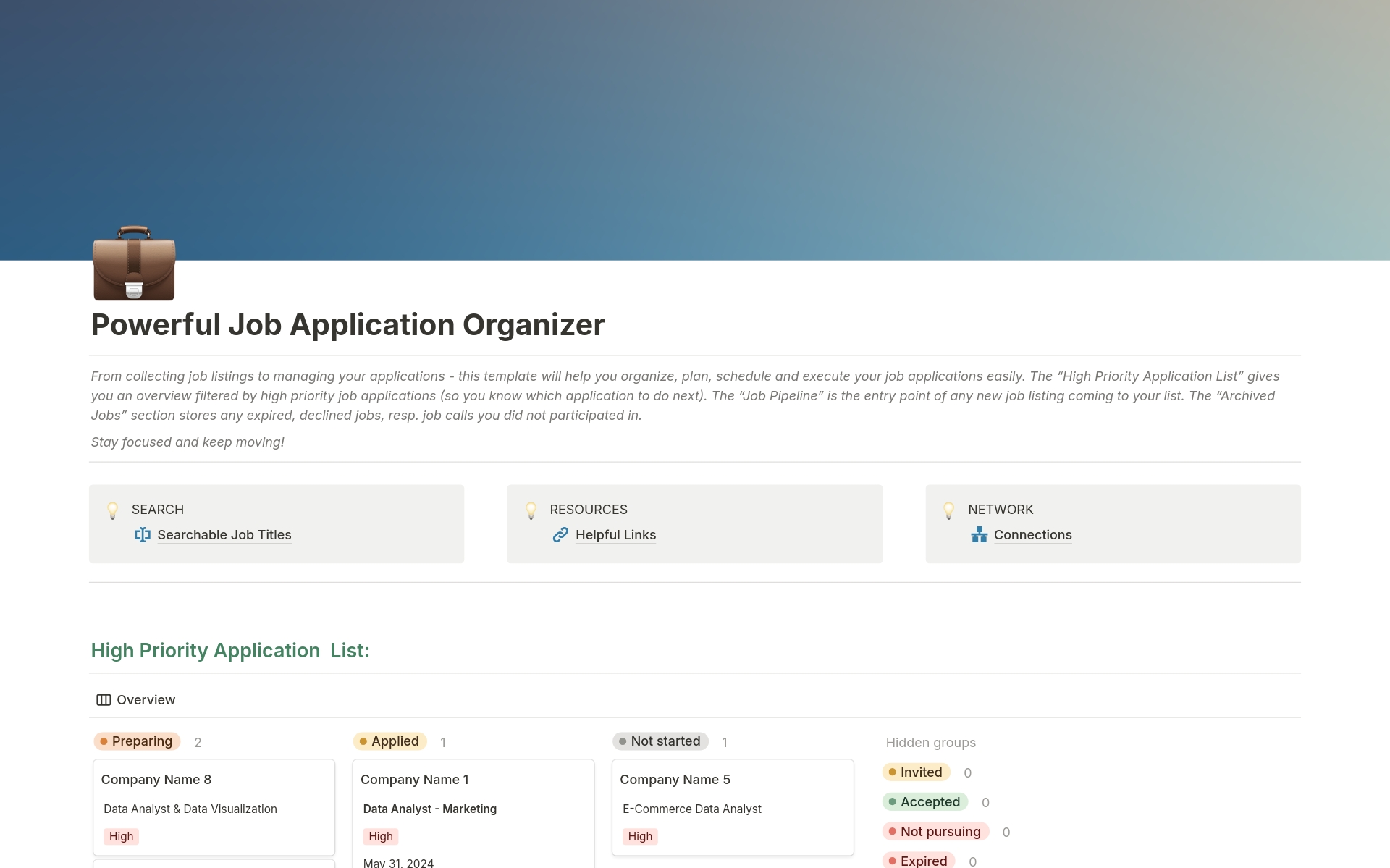 From collecting job listings to managing your applications - this template will help you organize, plan, schedule and execute your job applications easily. 
