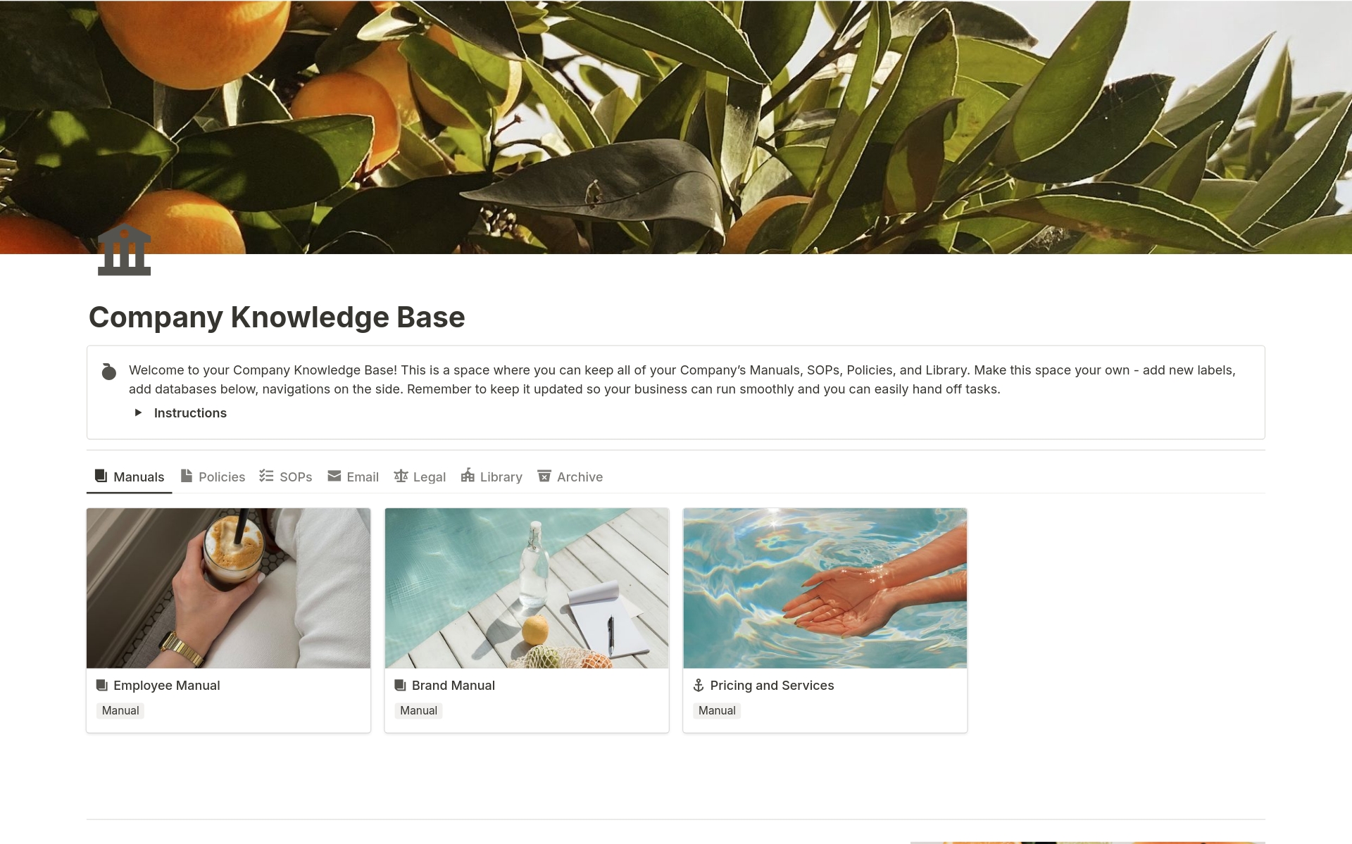 A template preview for Company Knowledge Base