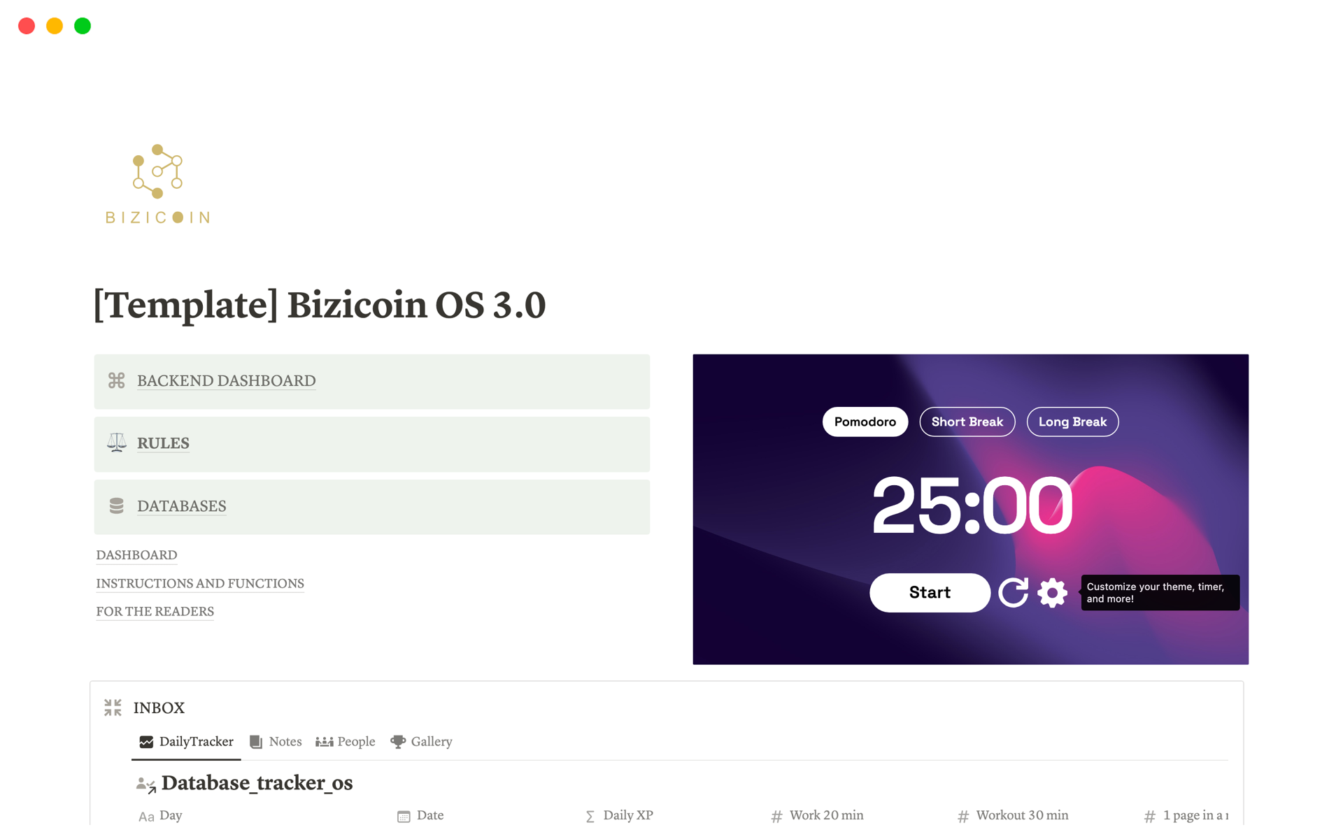 En forhåndsvisning av mal for Bizicoin OS 3.0