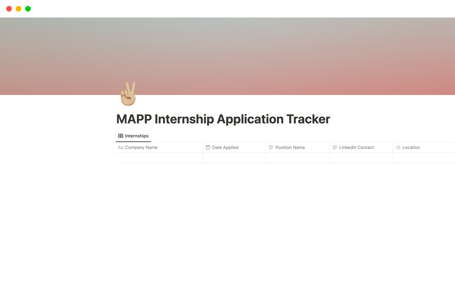 Vista previa de una plantilla para MAPP Internship Application Tracker