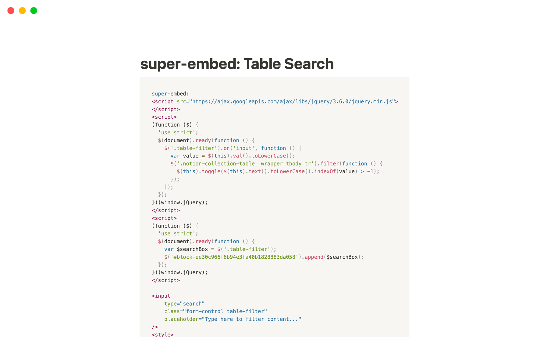 En förhandsgranskning av mallen för Table Search x super.so