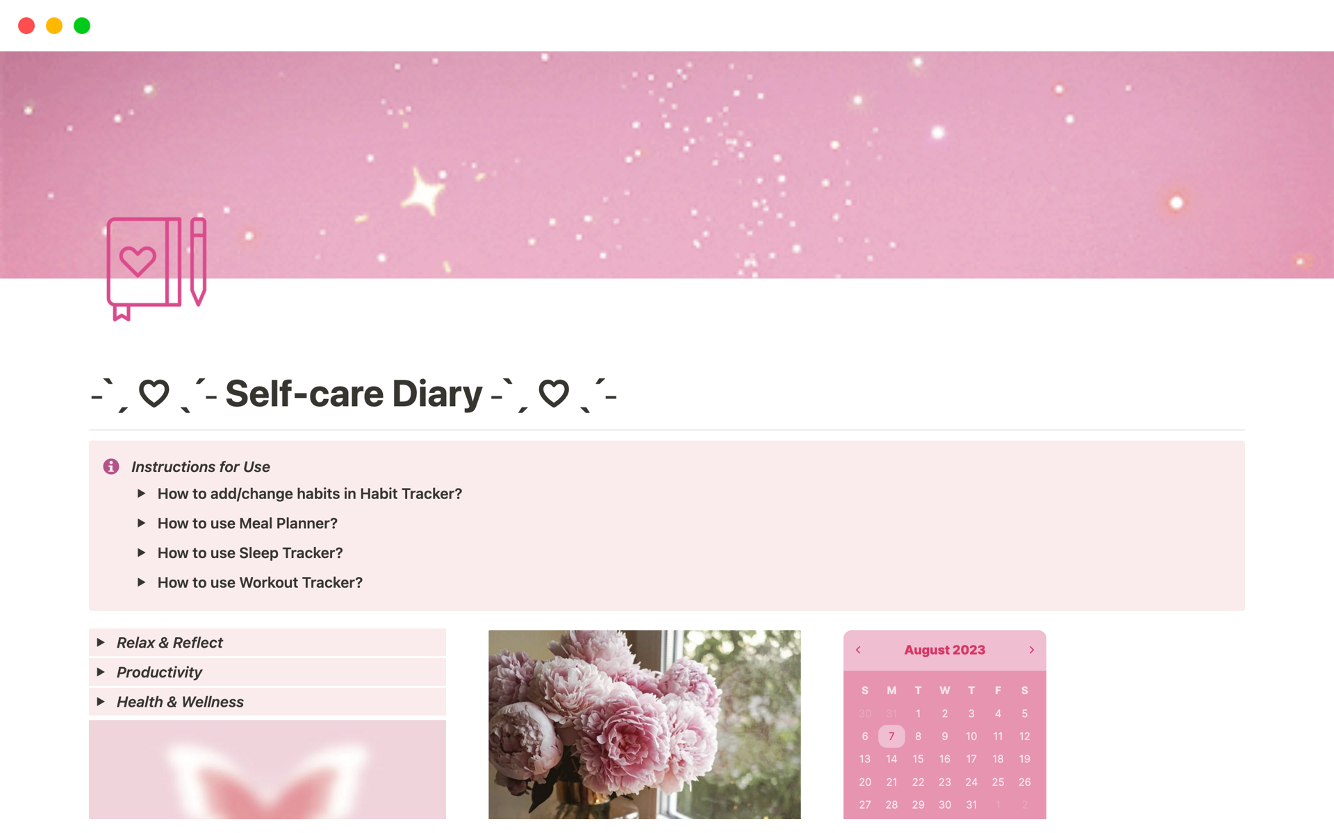 En forhåndsvisning av mal for Self-care Diary