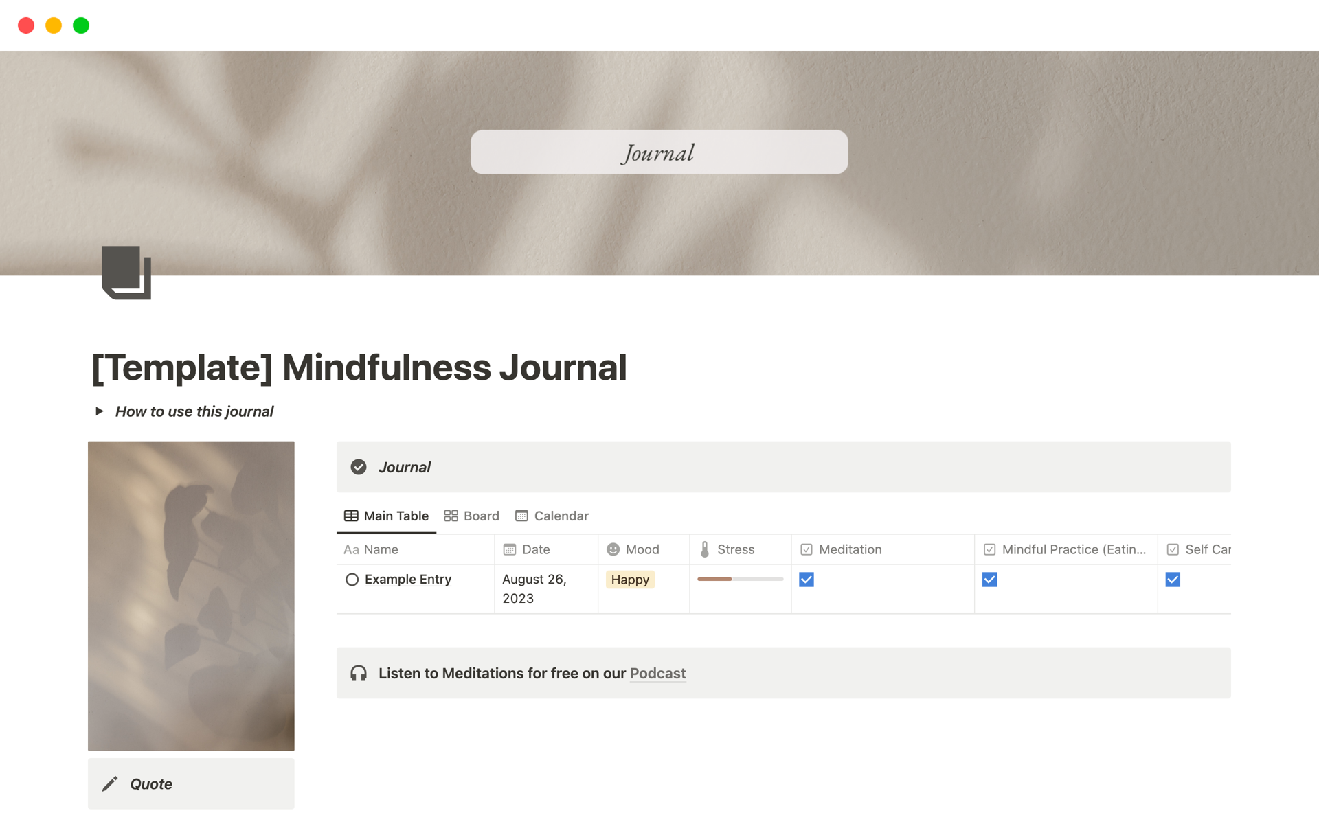 En forhåndsvisning av mal for Mindfulness Journal