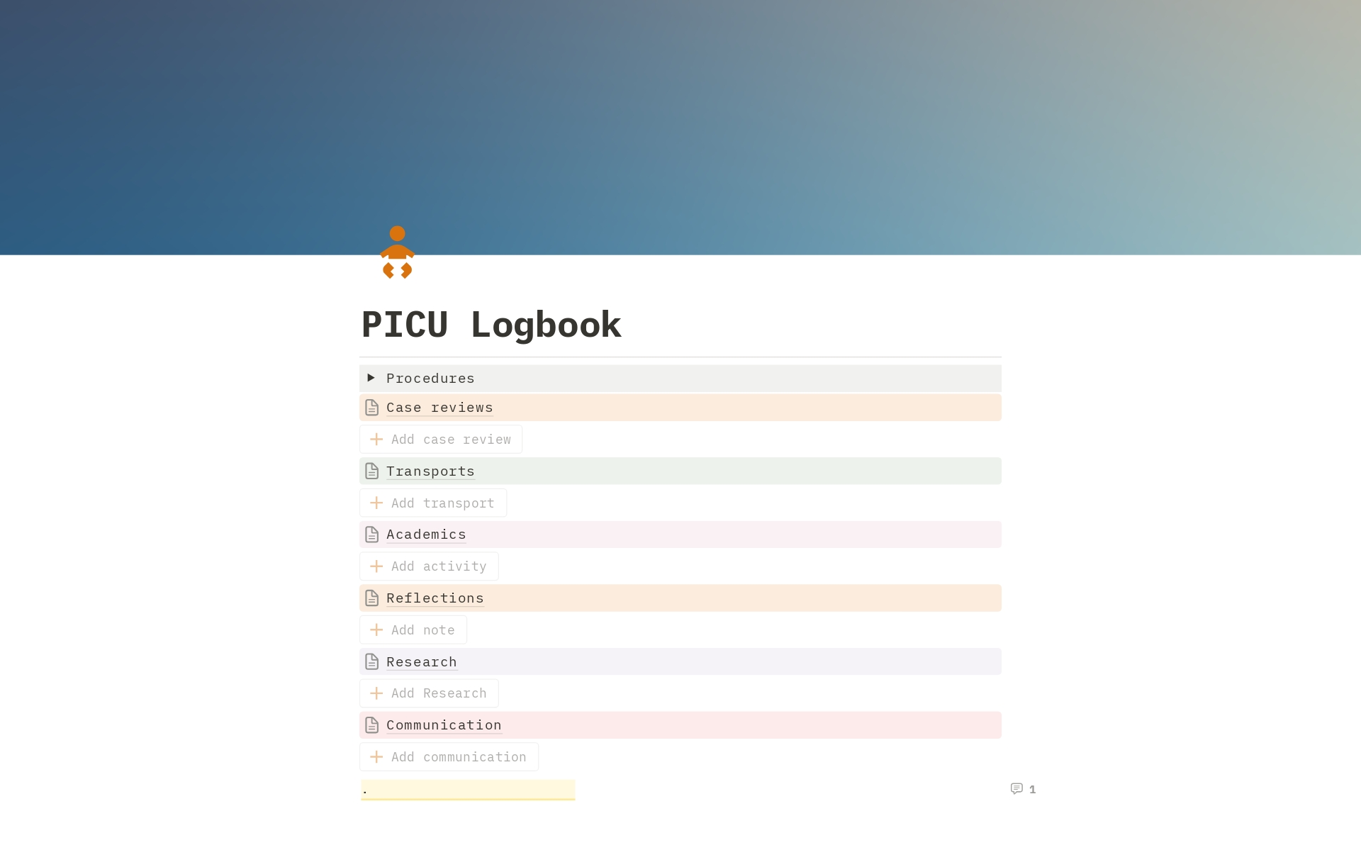 A template preview for PICU Logbook