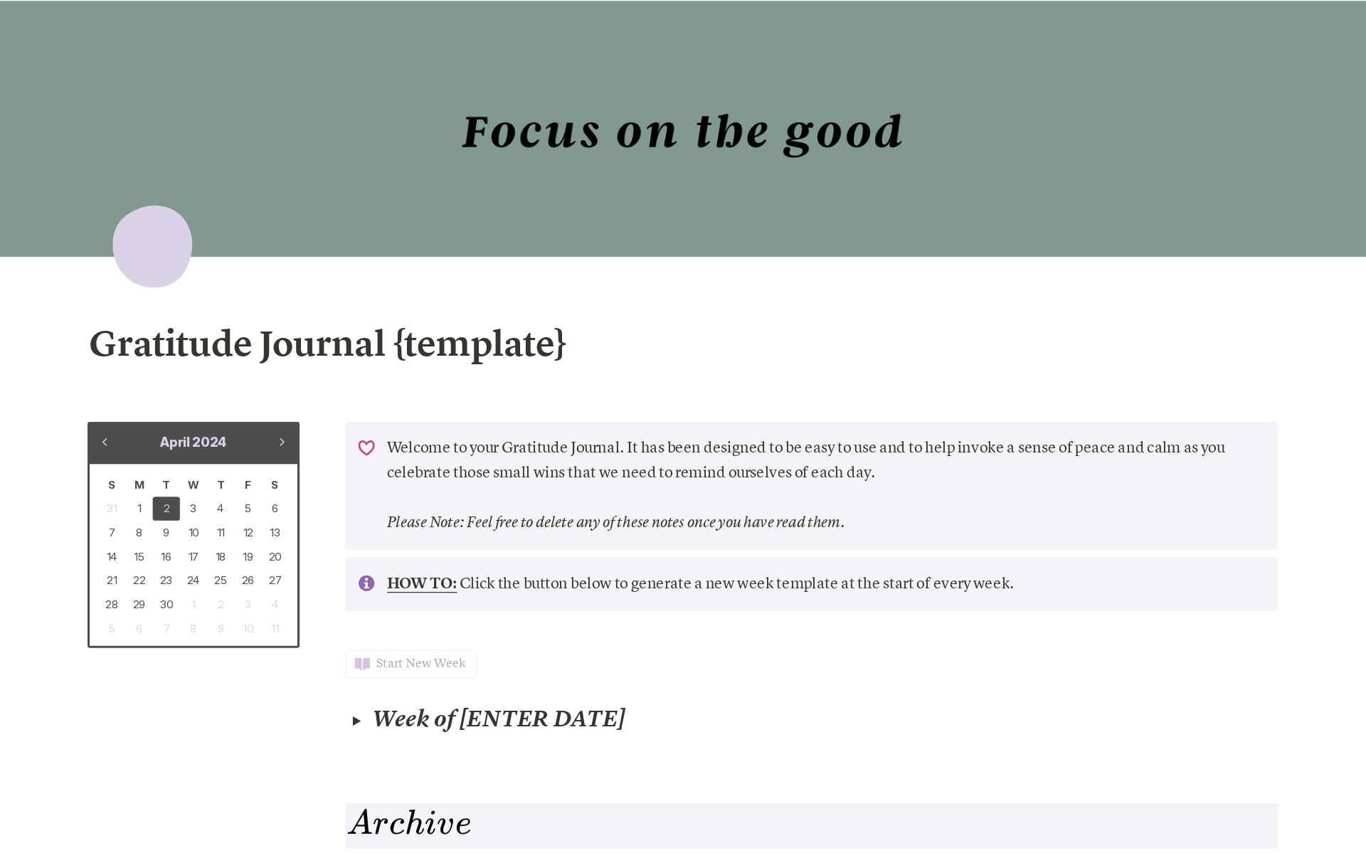Gratitude Journalのテンプレートのプレビュー