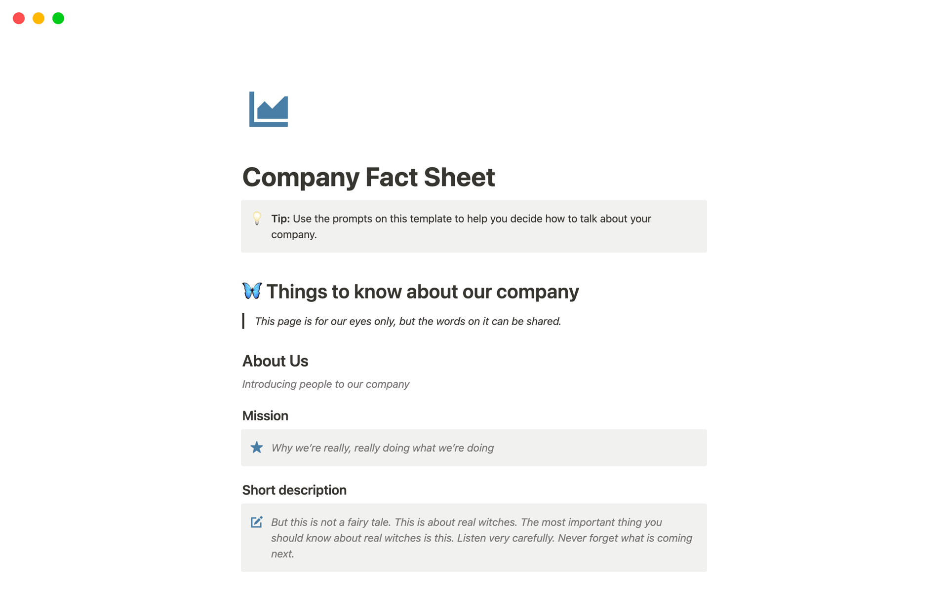 En forhåndsvisning av mal for Company Fact Sheet