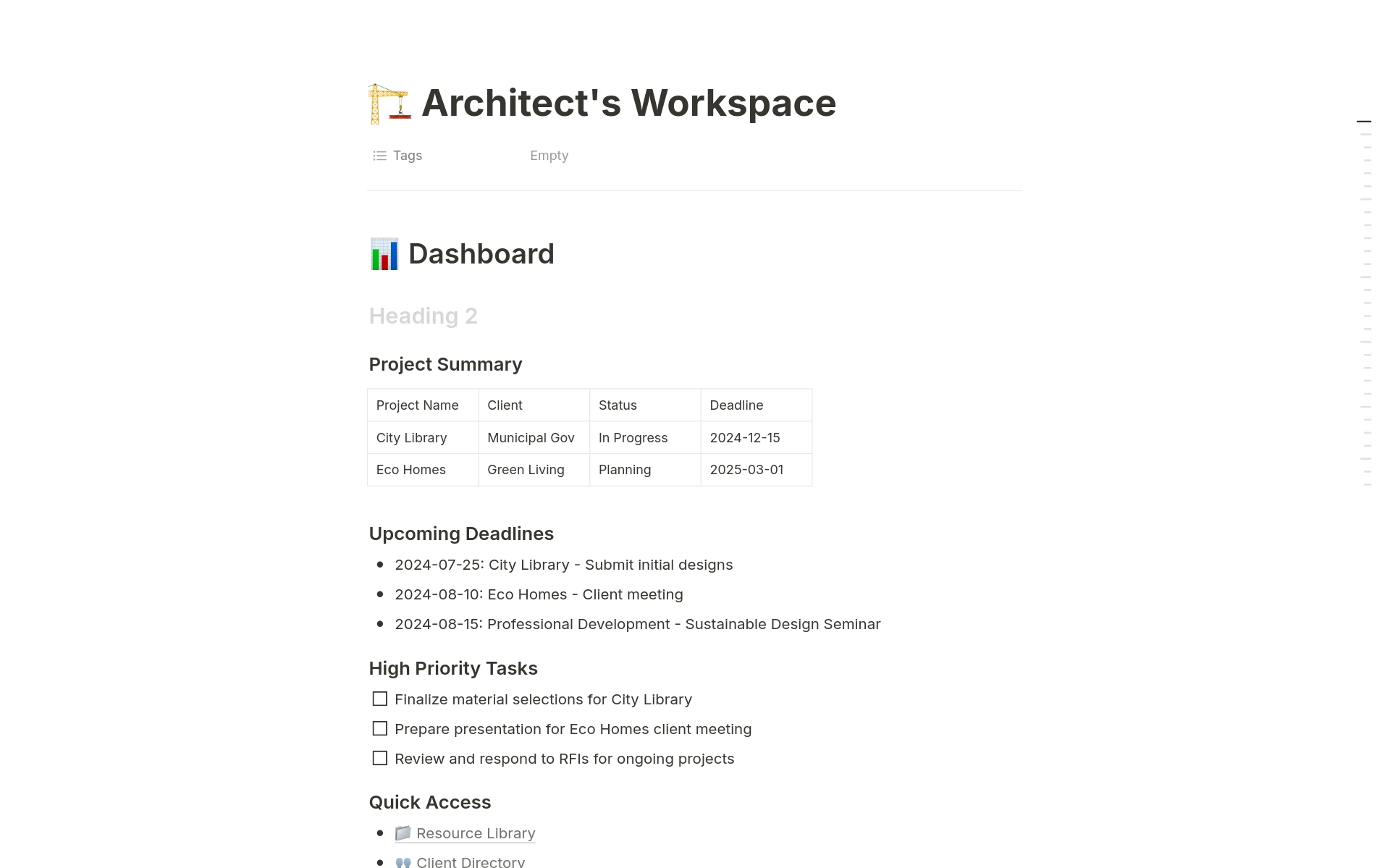 🏗️ Comprehensive Architect's Workspace Template
Elevate your architectural practice with this all-in-one Notion template. Designed by architects for architects, this workspace streamlines project management, enhances design processes, and boosts team collaboration.