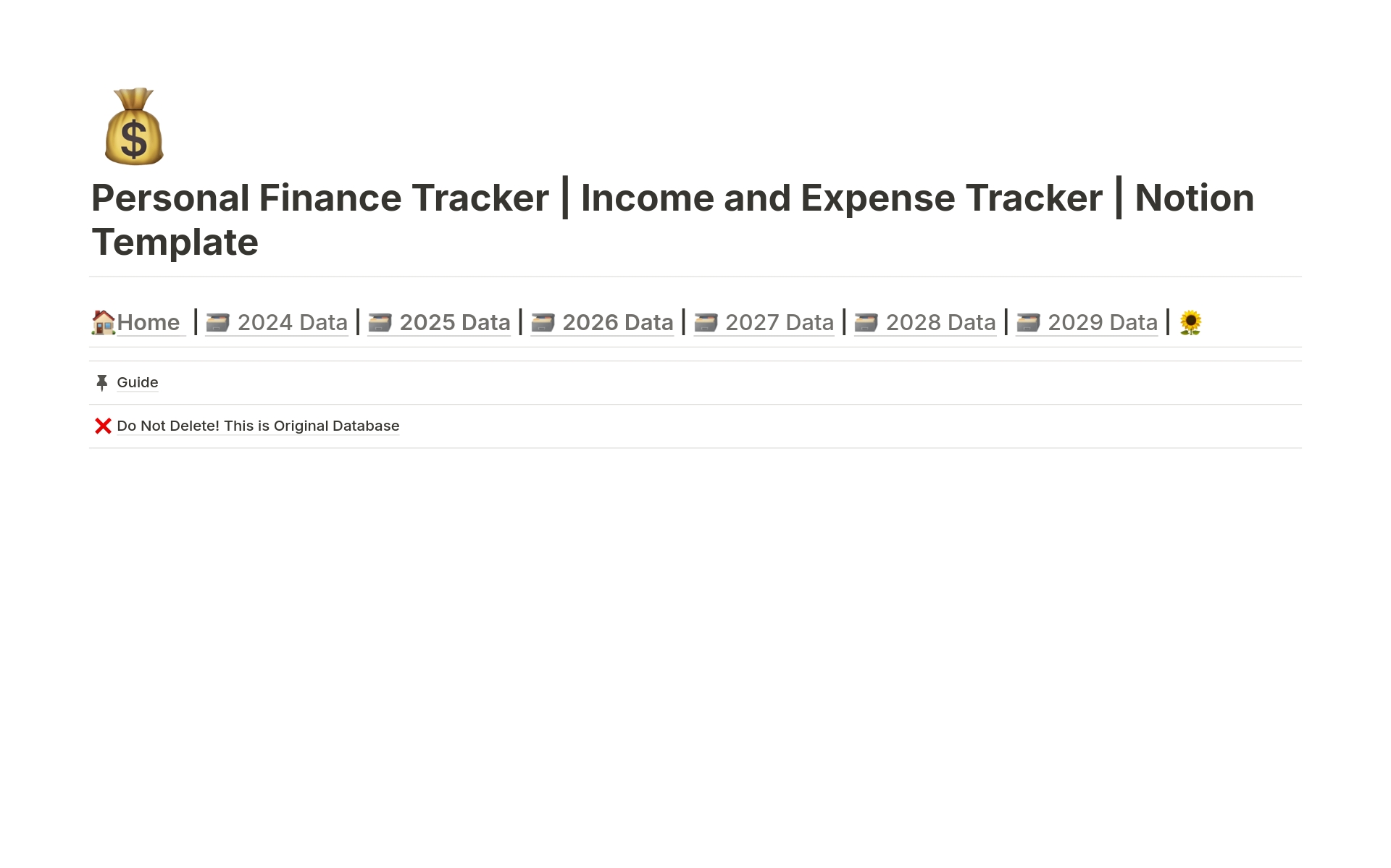 Uma prévia do modelo para Personal Finance Tracker | Income and Expense Tracker | Notion Template