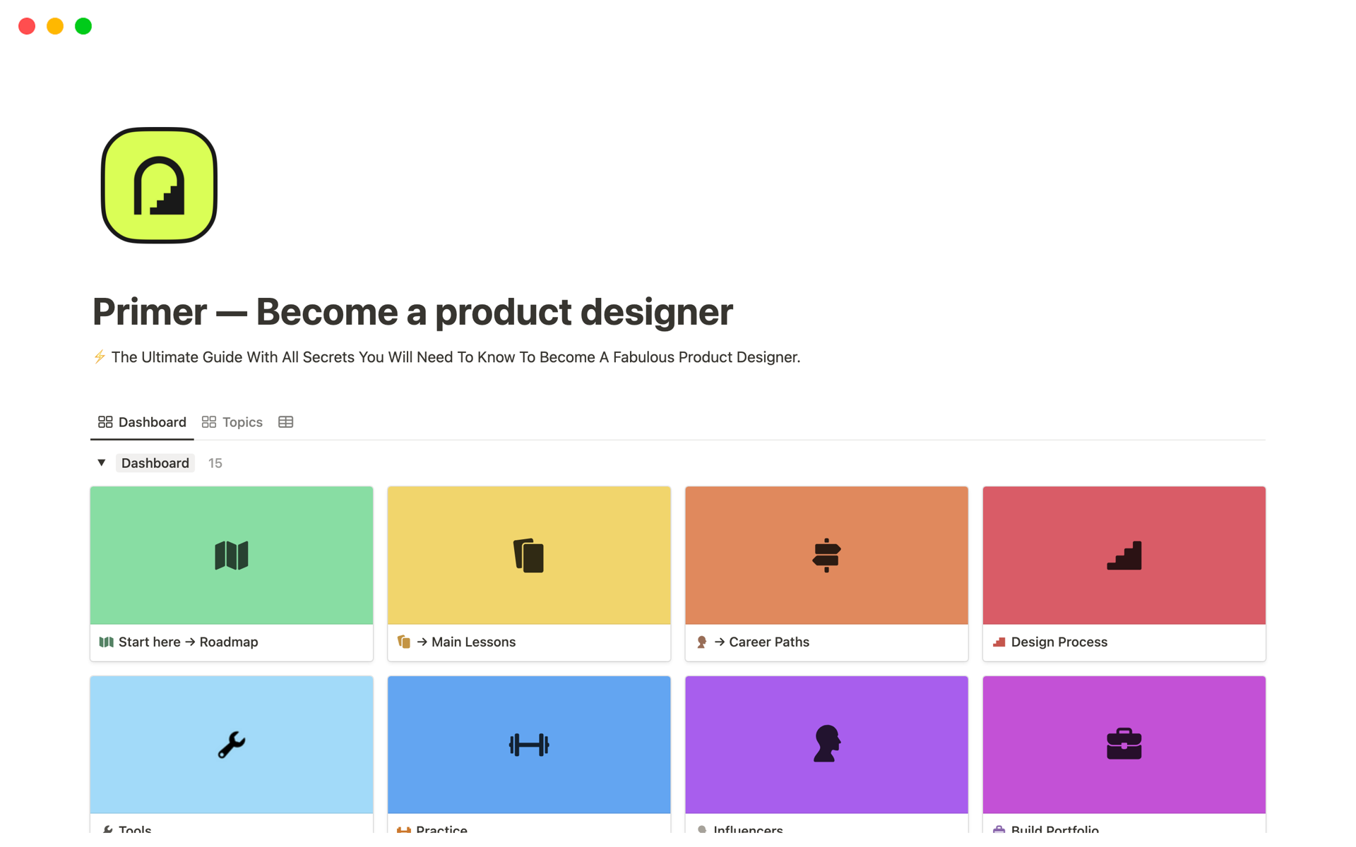 A template preview for Primer — Self-paced product design bootcamp