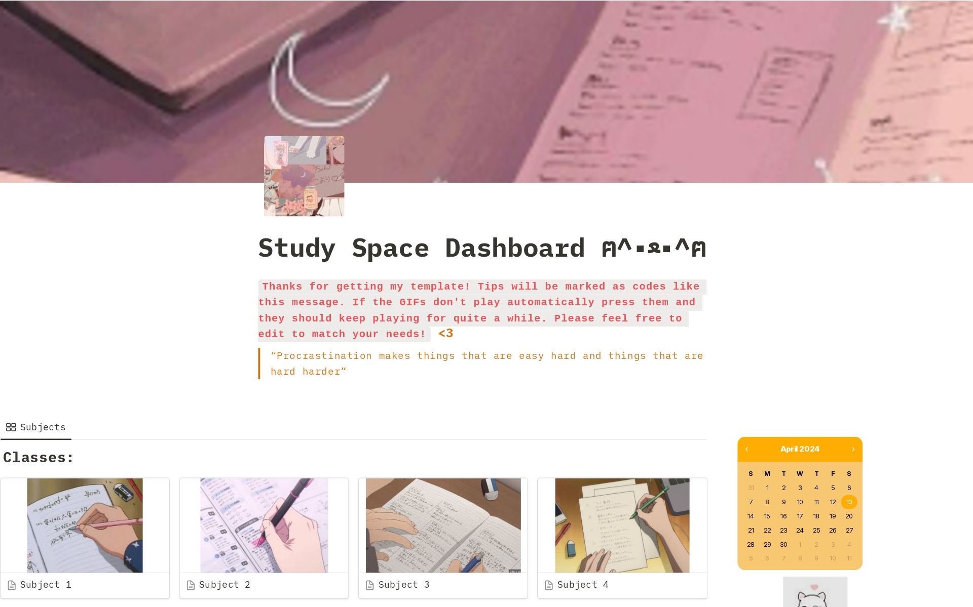 A template preview for Study Space