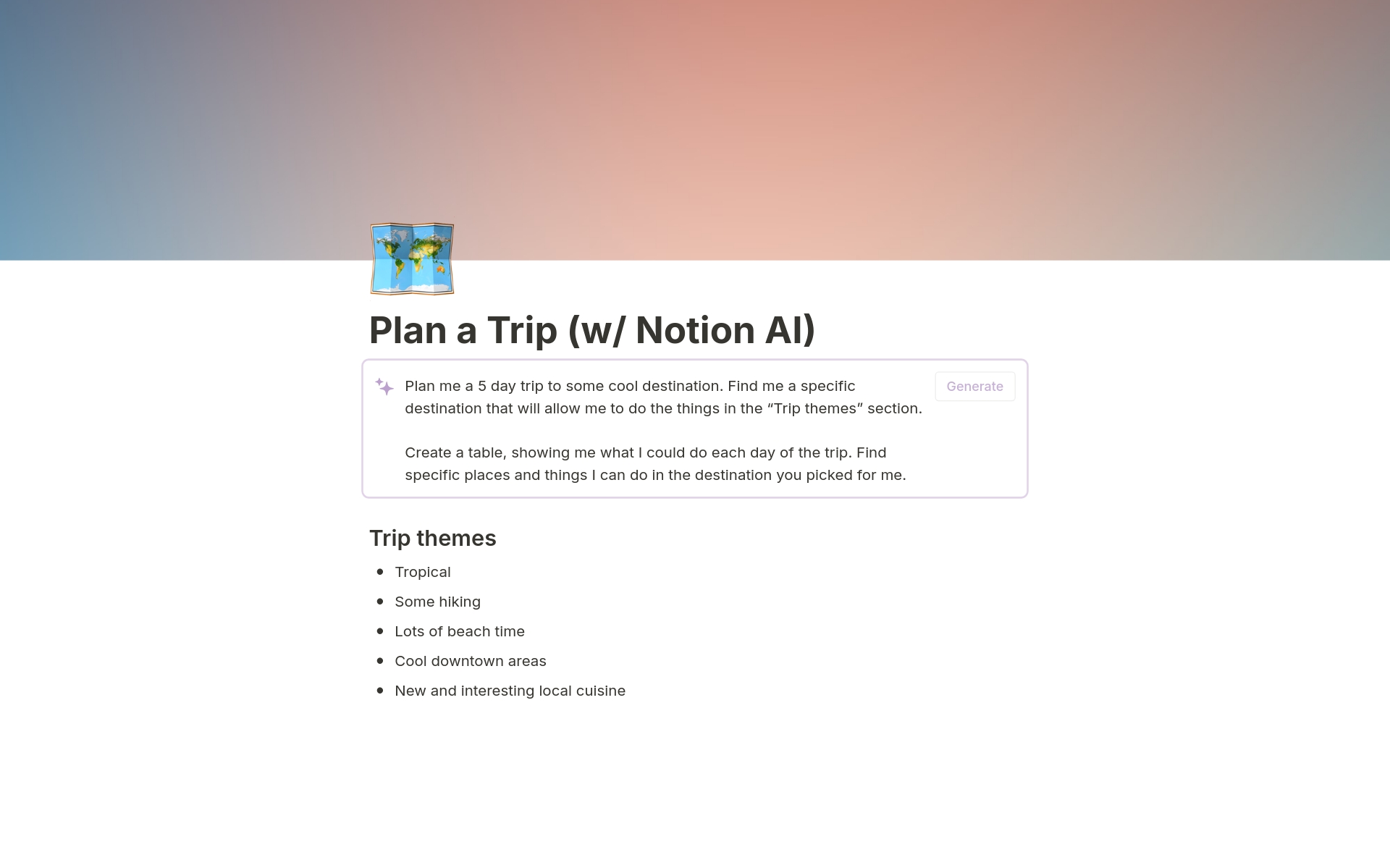 En förhandsgranskning av mallen för Plan a Trip (w/ Notion AI)