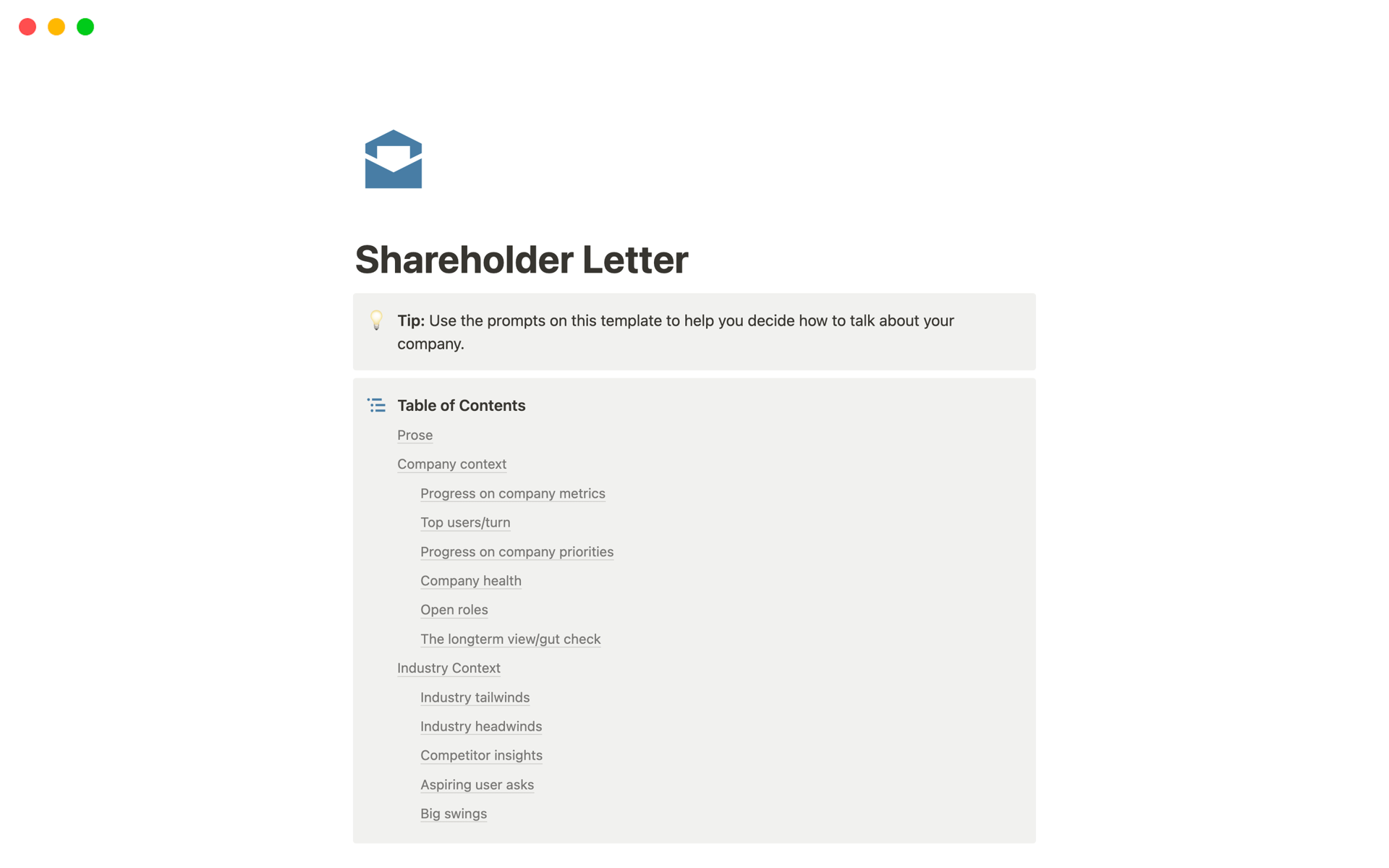 Aperçu du modèle de Shareholder Letter