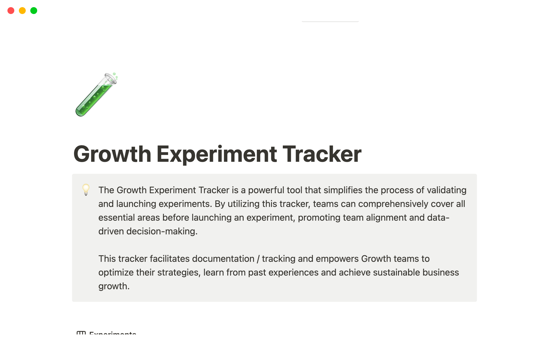 En forhåndsvisning av mal for Growth Experiment Tracker