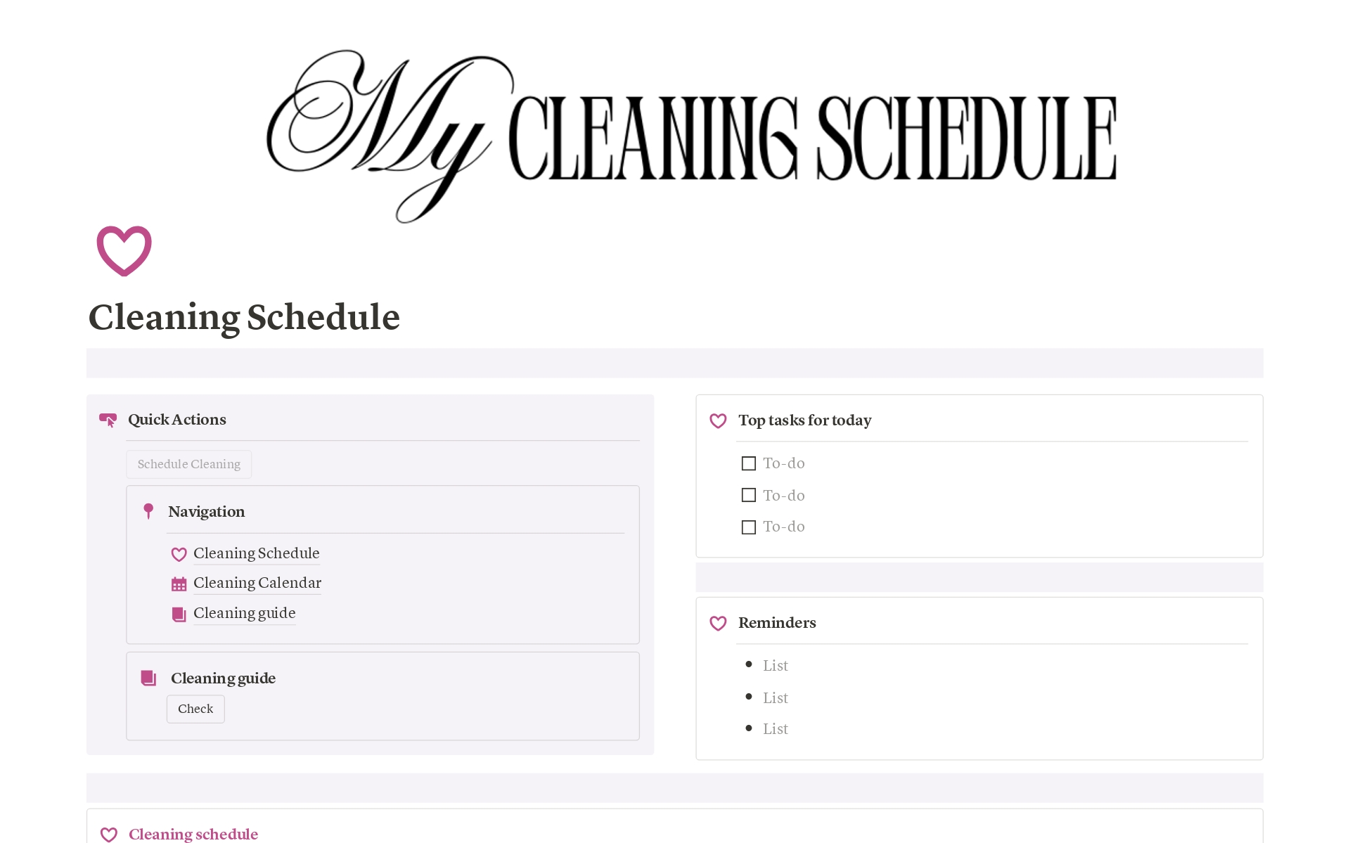 Cleaning Schedule のテンプレートのプレビュー