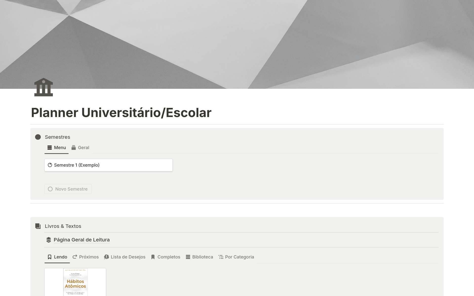En förhandsgranskning av mallen för Planner Universitário/Escolar