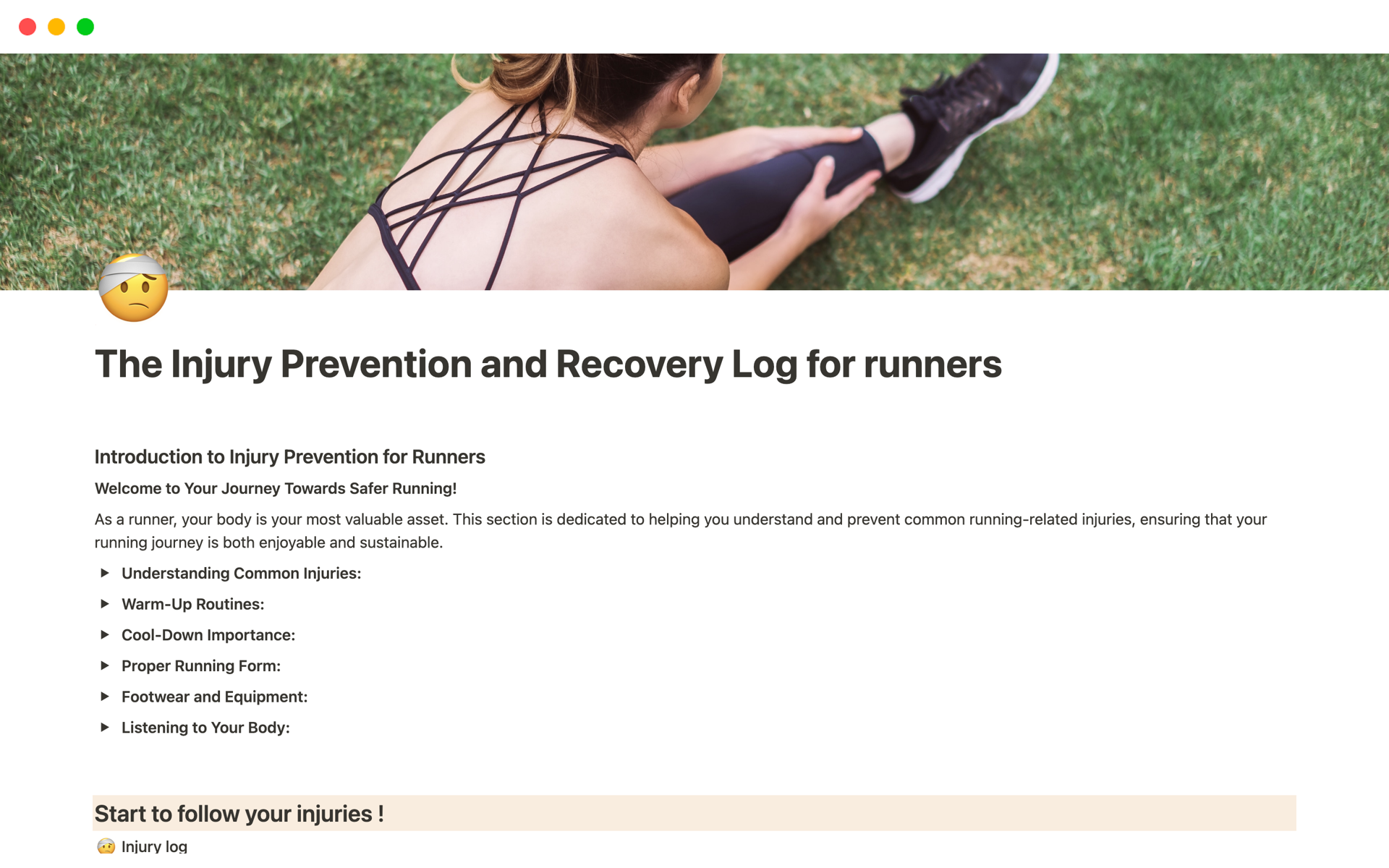 En förhandsgranskning av mallen för The Injury Prevention and Recovery Log for runners