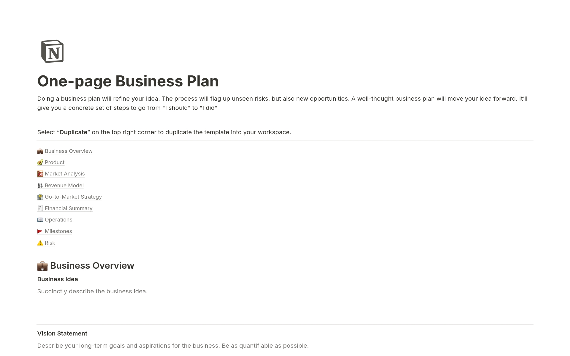 Mallin esikatselu nimelle One-Page Business Plan For Investors
