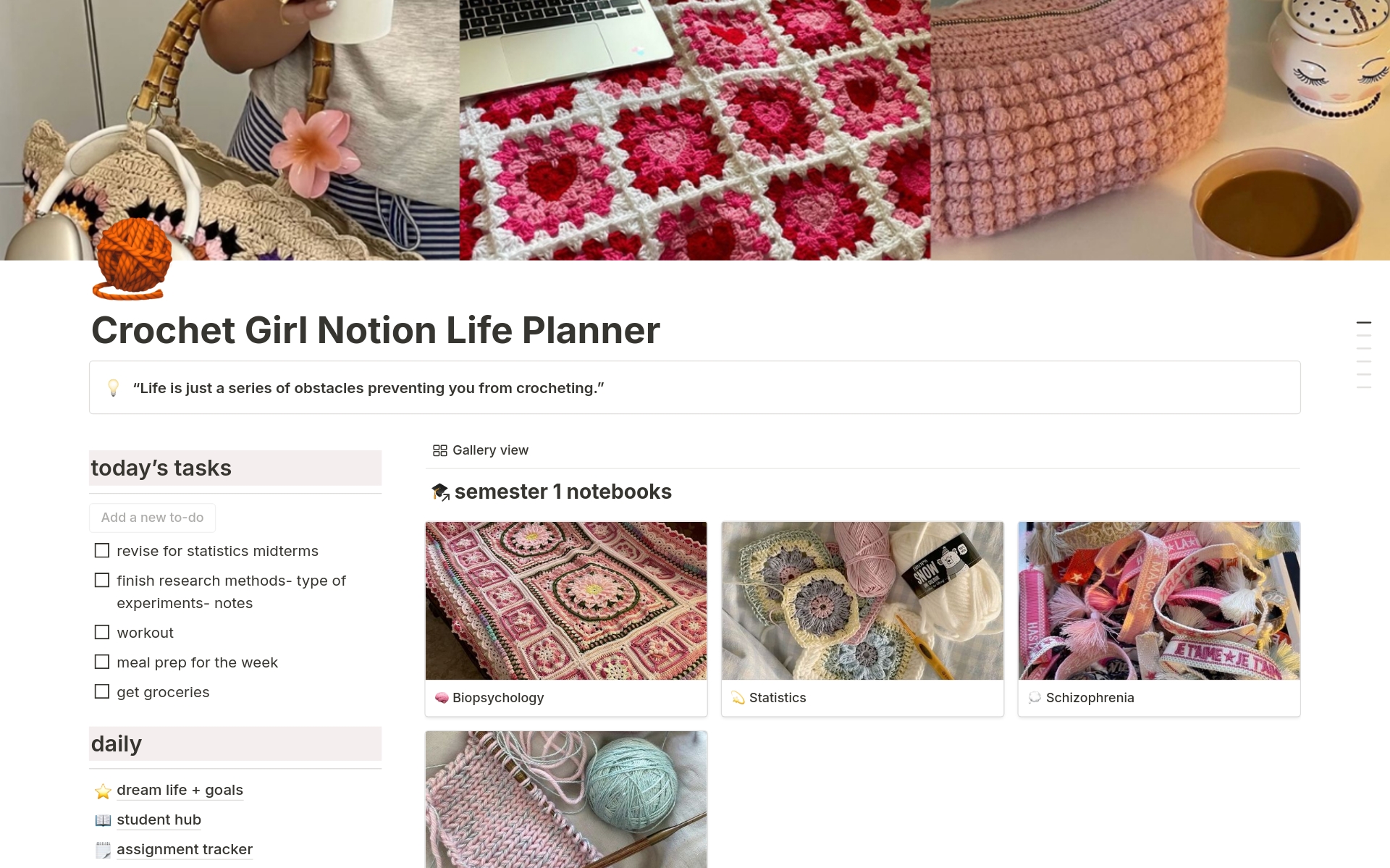 This super cute Aesthetic Crochet Girl Notion Life Planner is the ultimate Student/Life Planner for people of all ages 💗