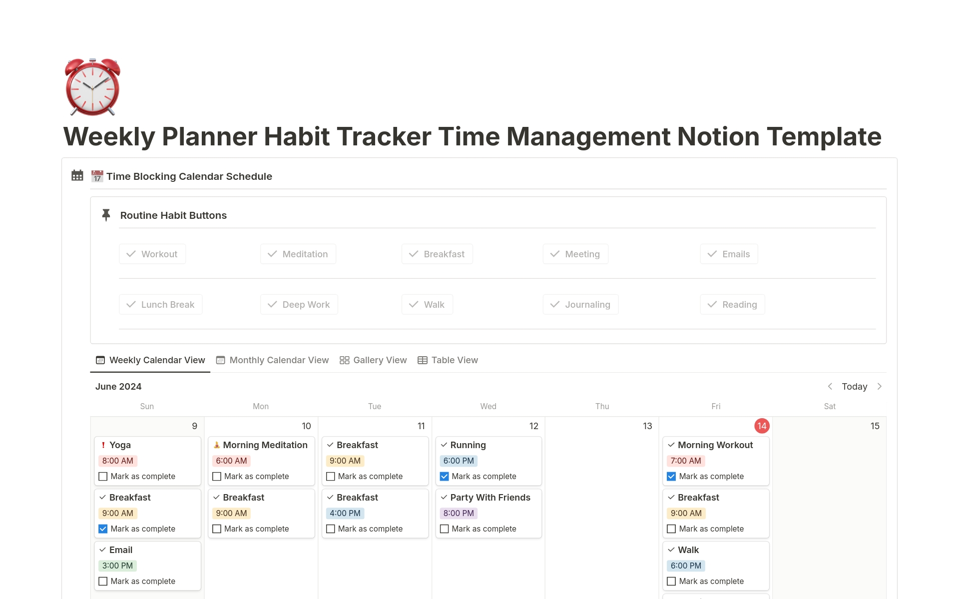 Eine Vorlagenvorschau für Weekly Planner Habit Tracker Time Management