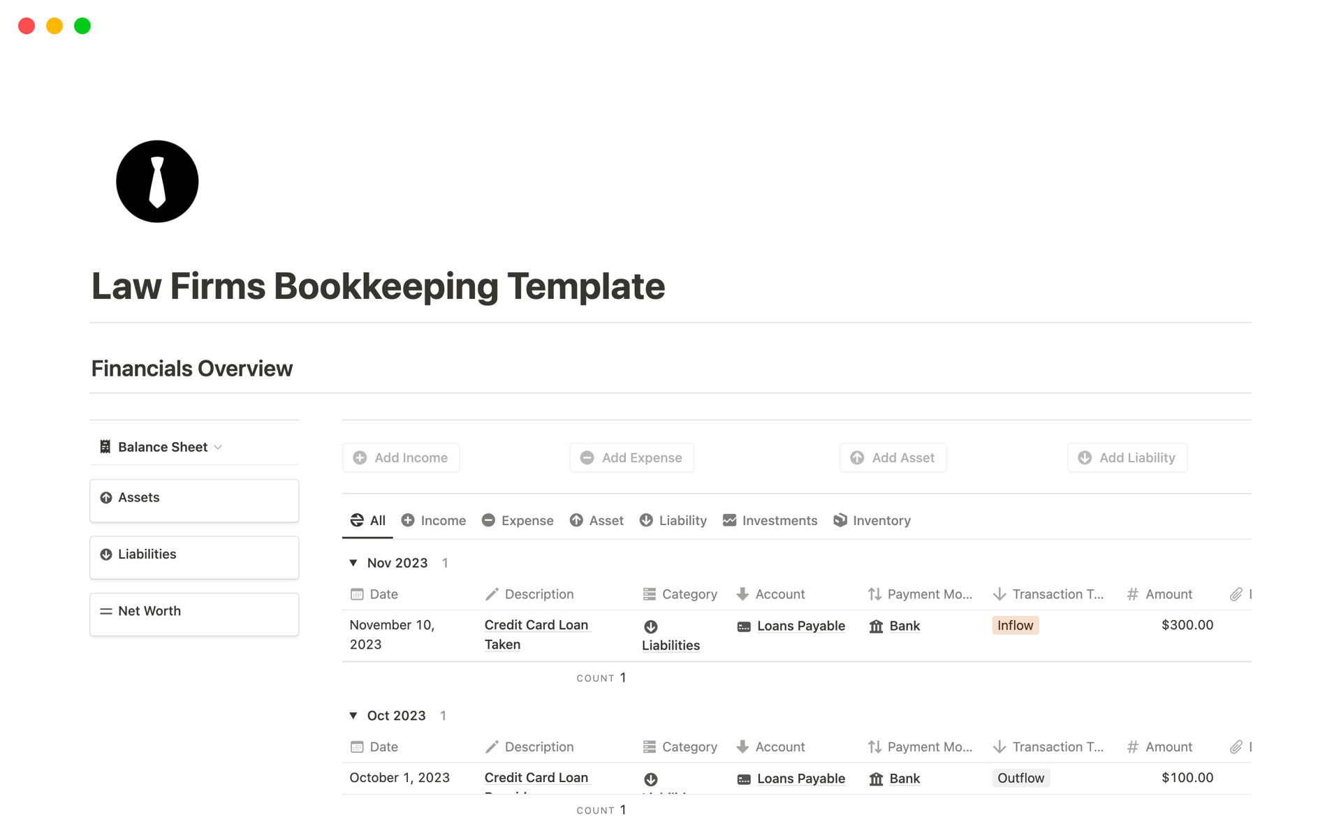 This bookkeeping template provides best solution for law firms to manage their business finances, produce income statement, balance sheet, cash flow statement and much more on a periodical basis. 