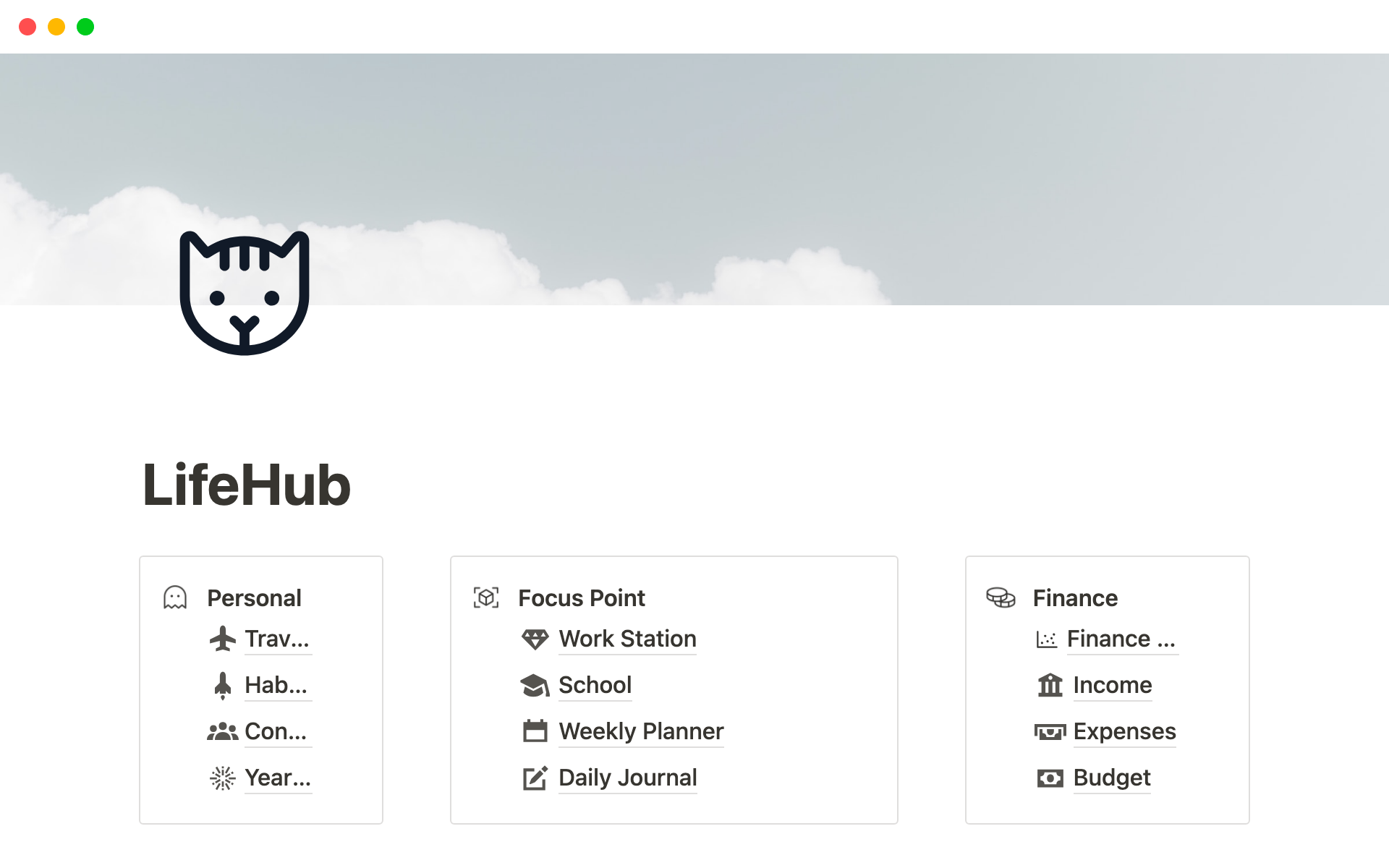 The Life Hub Notion template helps streamline and organize various aspects of life, including travel, finance, education, and work, for enhanced productivity and efficiency.