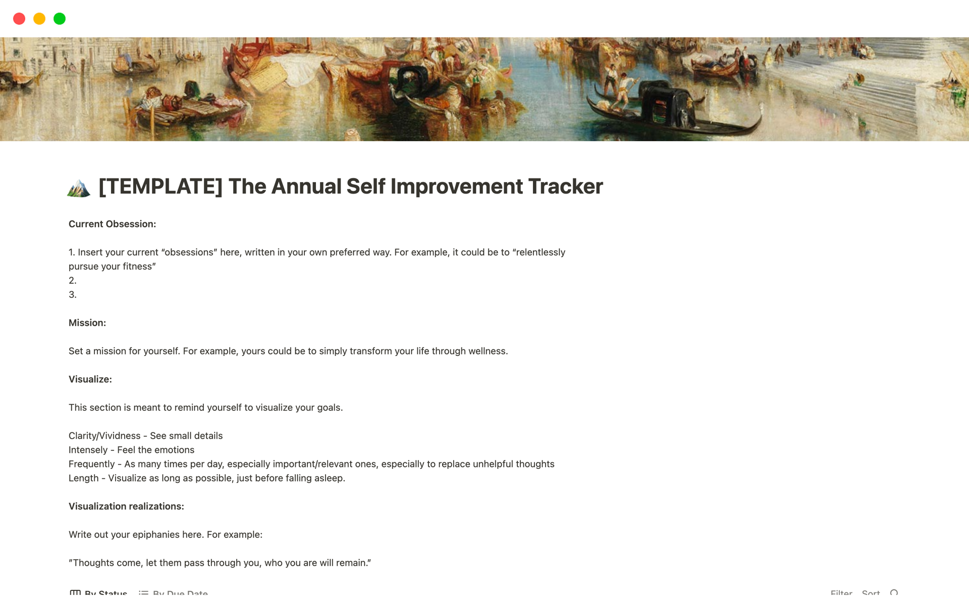 En forhåndsvisning av mal for The Annual Self Improvement Tracker