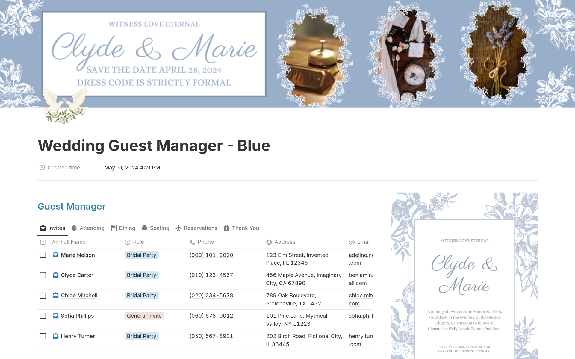 A template preview for Wedding Guest Manager Blue & White Theme