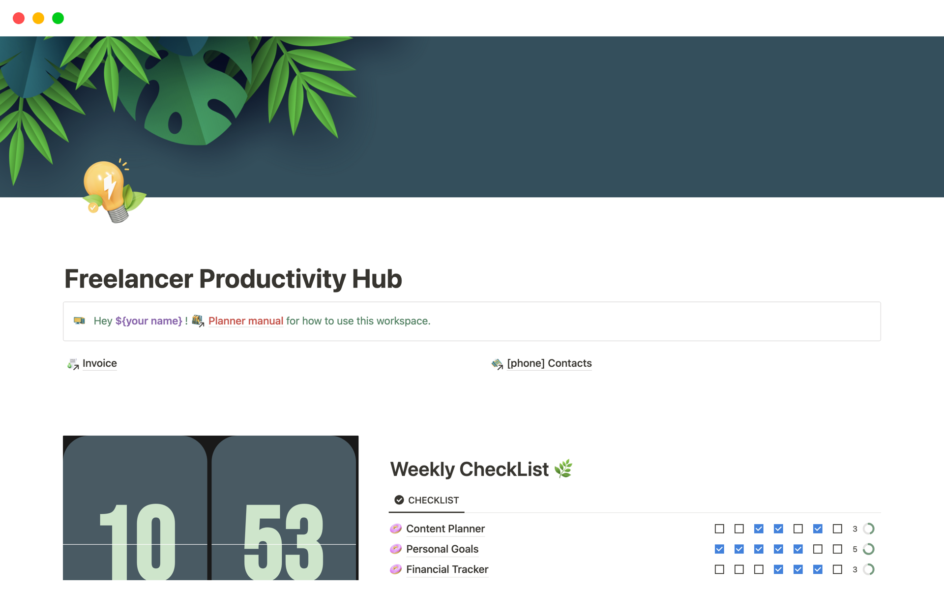 Vista previa de plantilla para Freelancer Productivity Hub