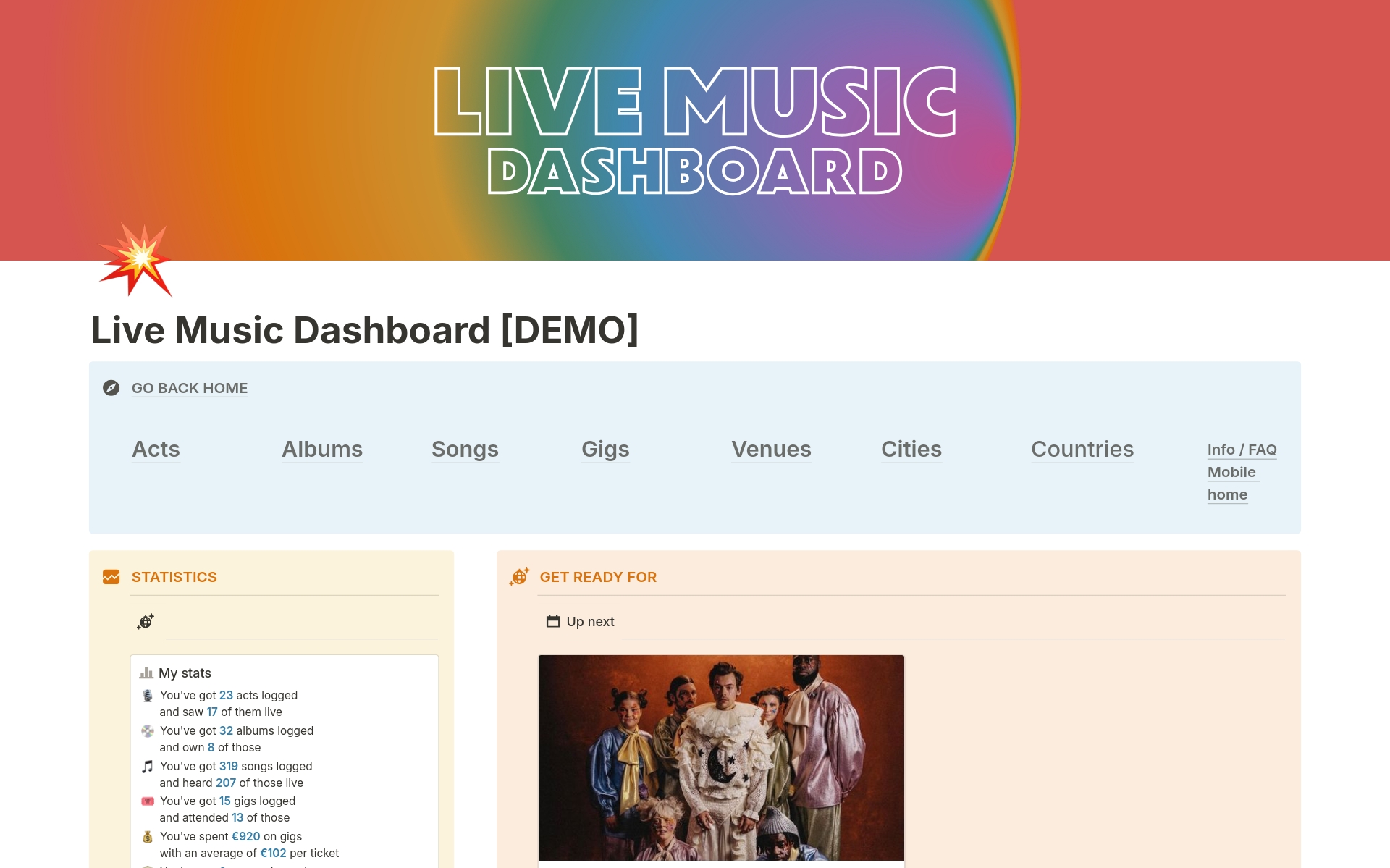 The Live Music Dashboard is a Notion template to keep an elaborate digital memory of all your past- and future concerts, including various databases for artists, songs, setlists, venues and much more!