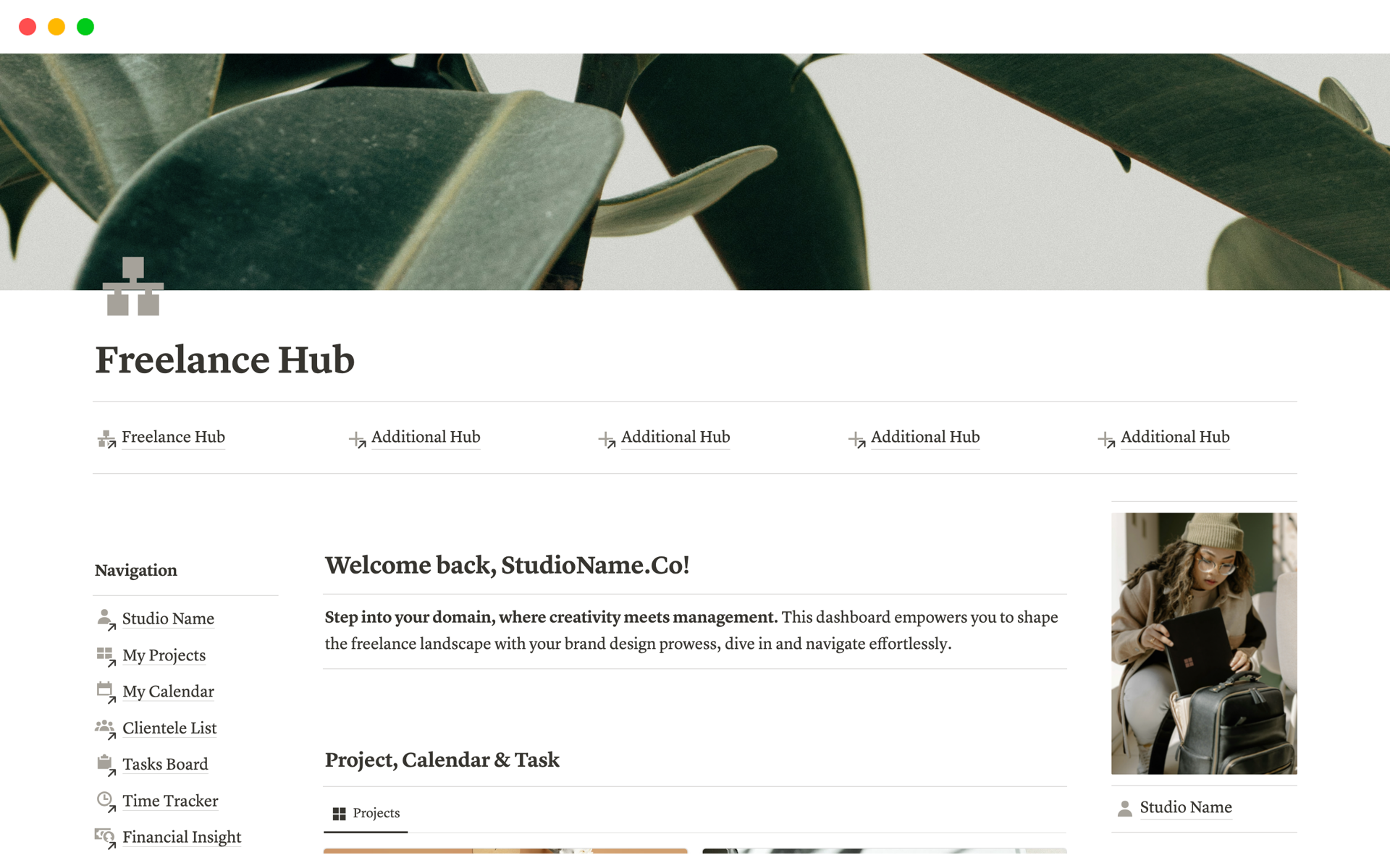 Vista previa de plantilla para Freelance Business Dashboard Hub