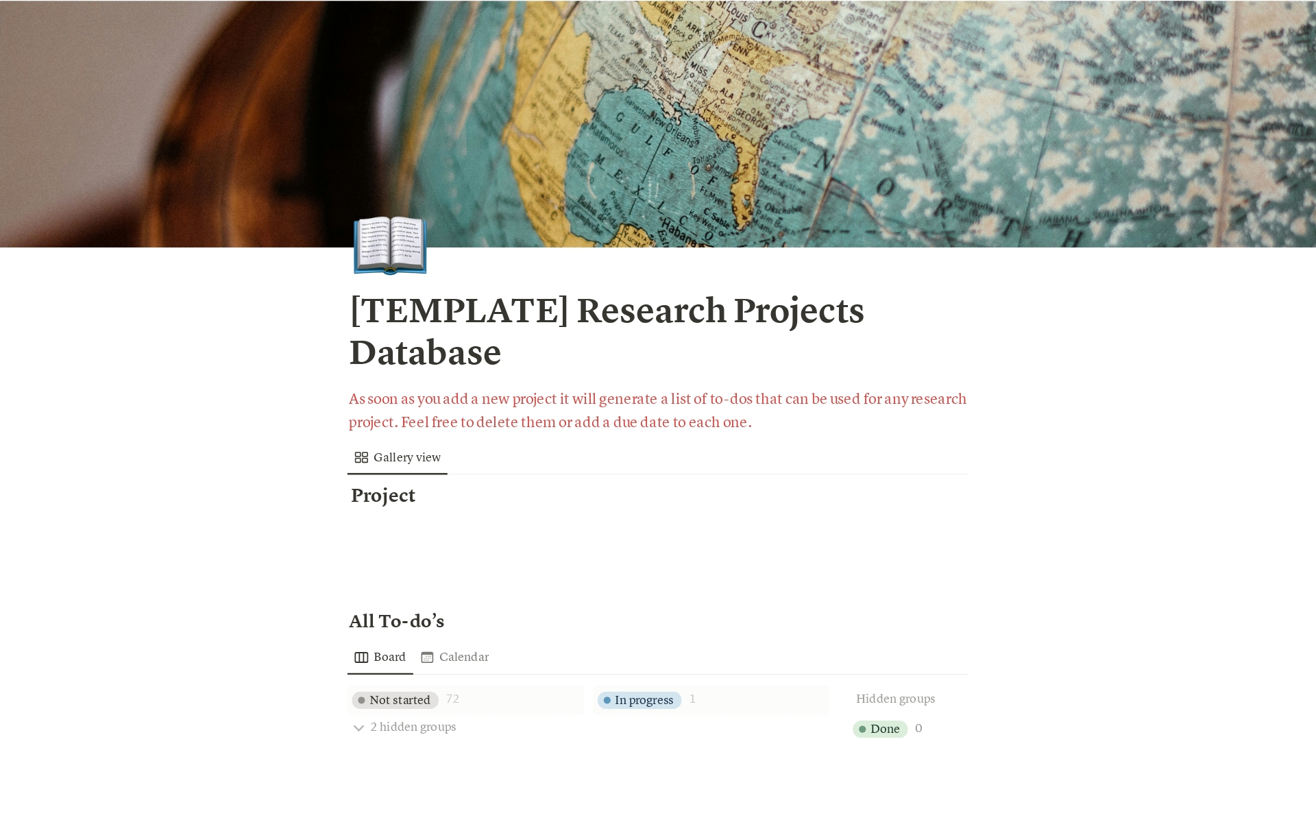 En forhåndsvisning av mal for Research Projects Database