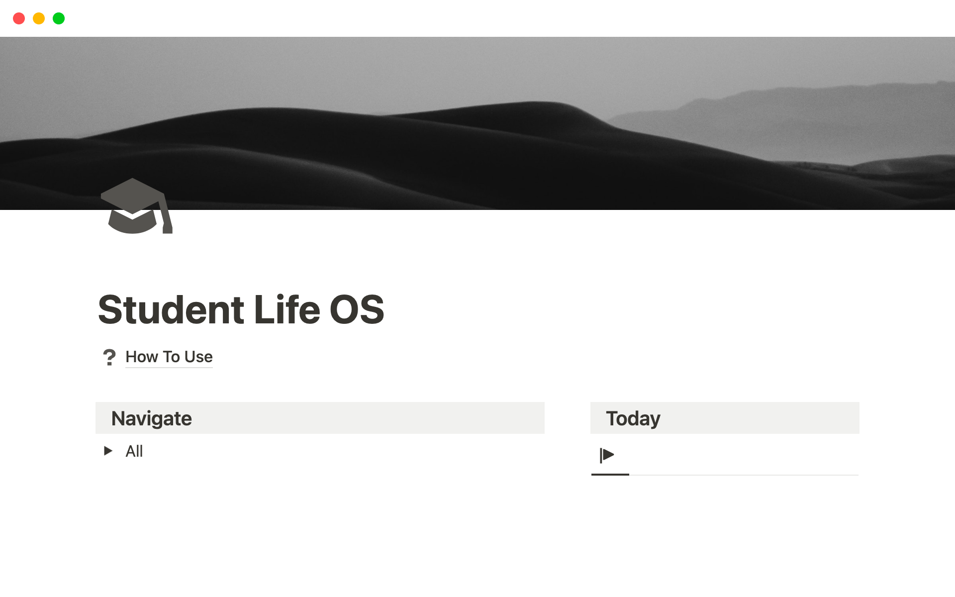 En forhåndsvisning av mal for Student Life OS - Plan, Organize & Execute - Dark Mode