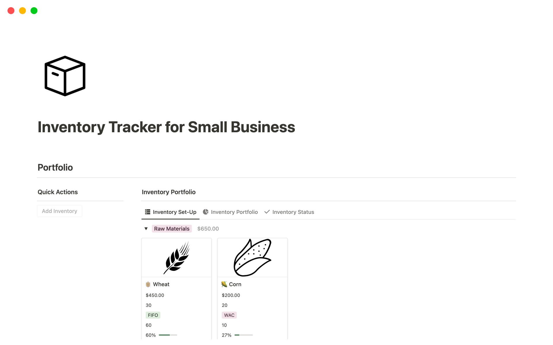 A template preview for Inventory Tracker for Small Business