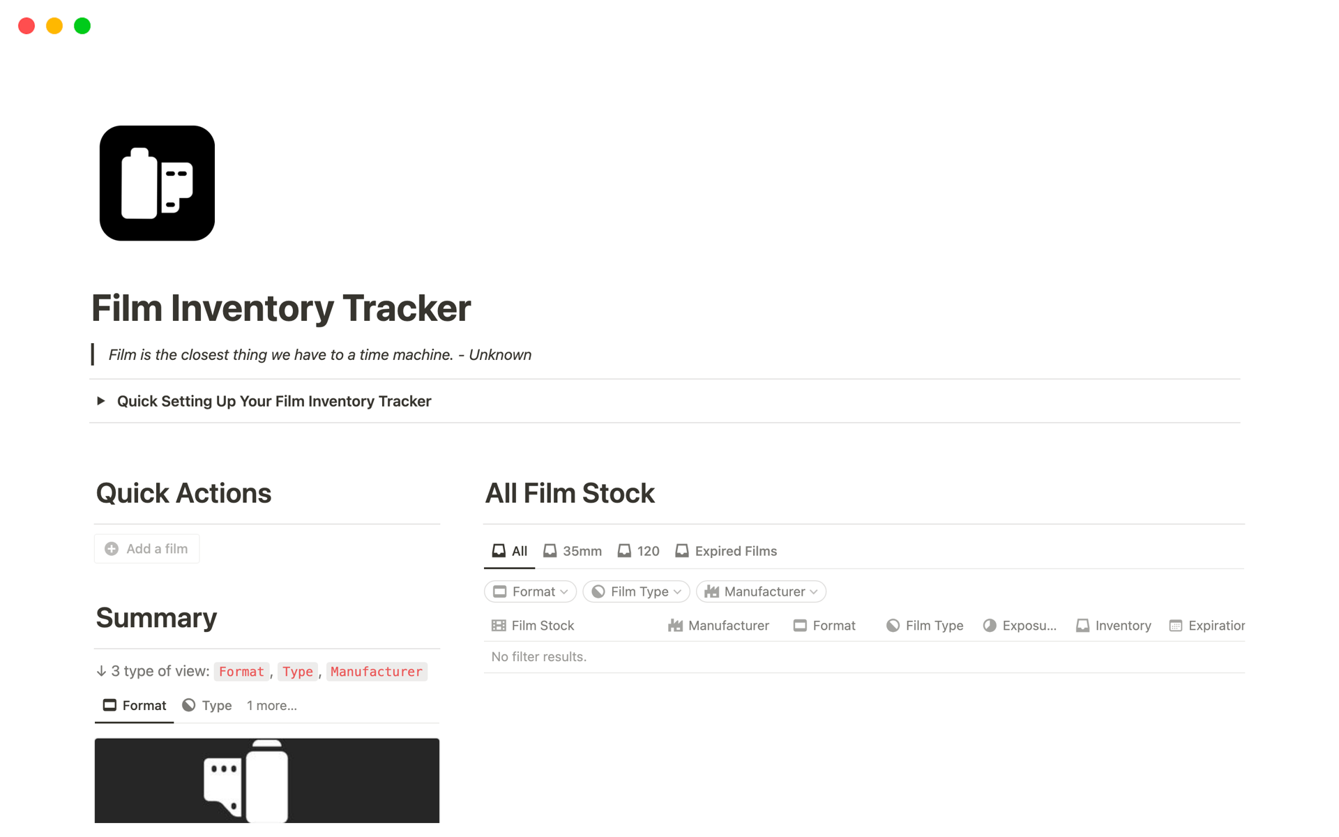 En förhandsgranskning av mallen för Film Inventory Tracker