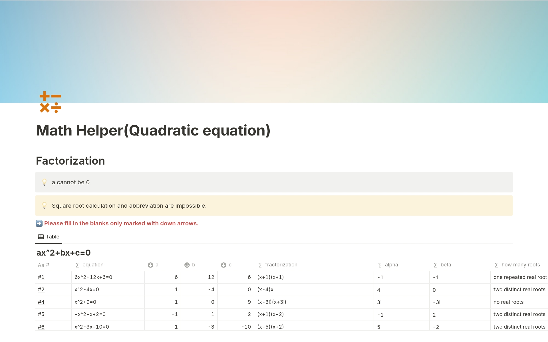 En forhåndsvisning av mal for Math Helper(Quadratic equation)