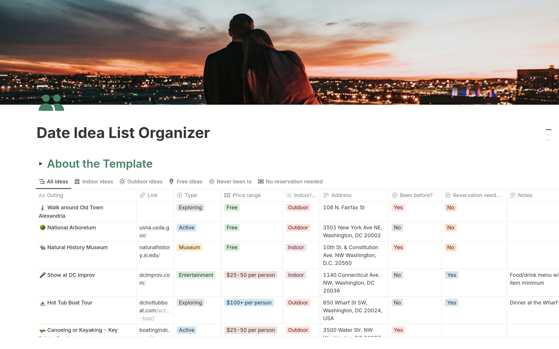 A template preview for Date Ideas List Organizer