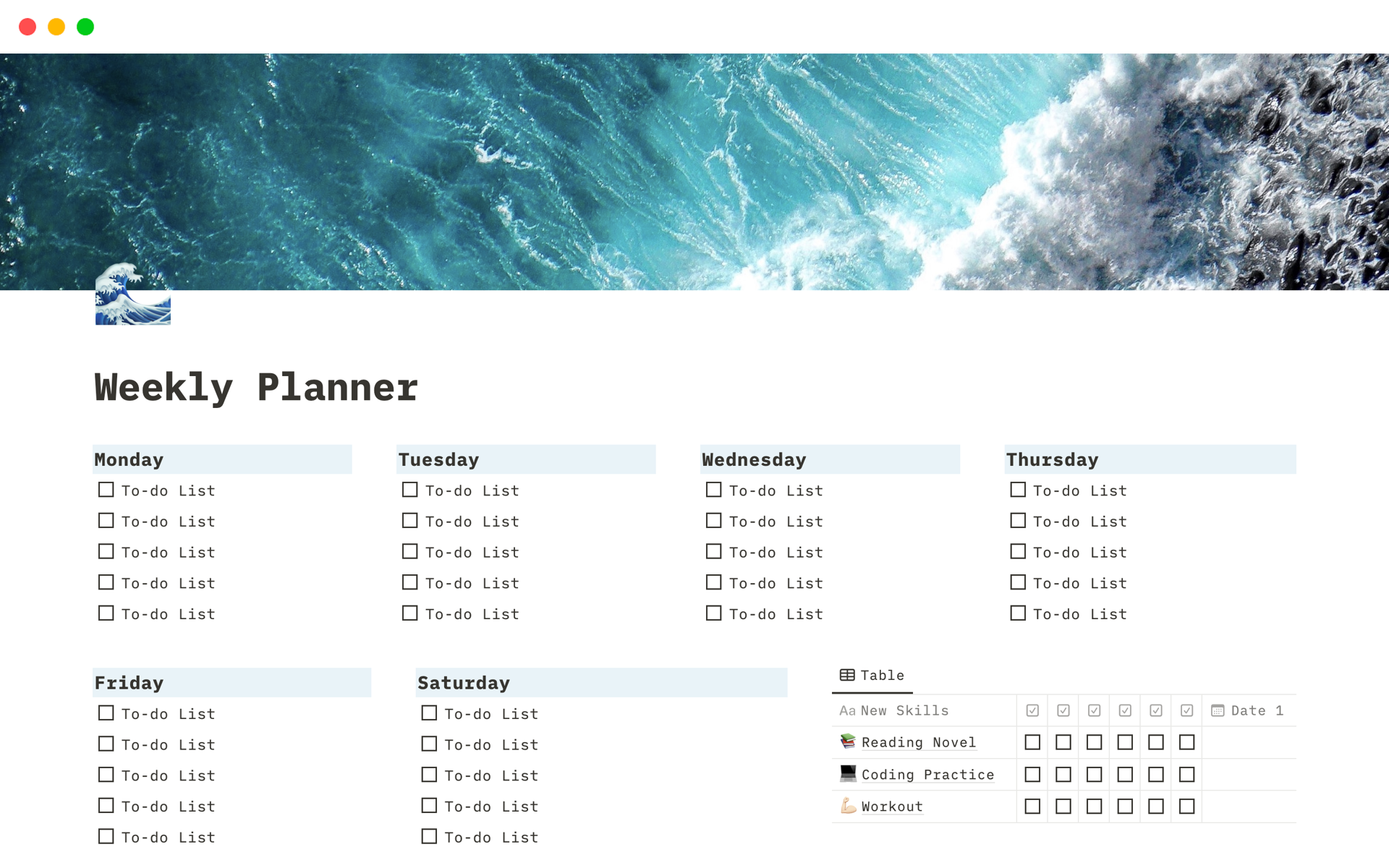 En förhandsgranskning av mallen för Ocean Waves Weekly Planner with Progress Monitor